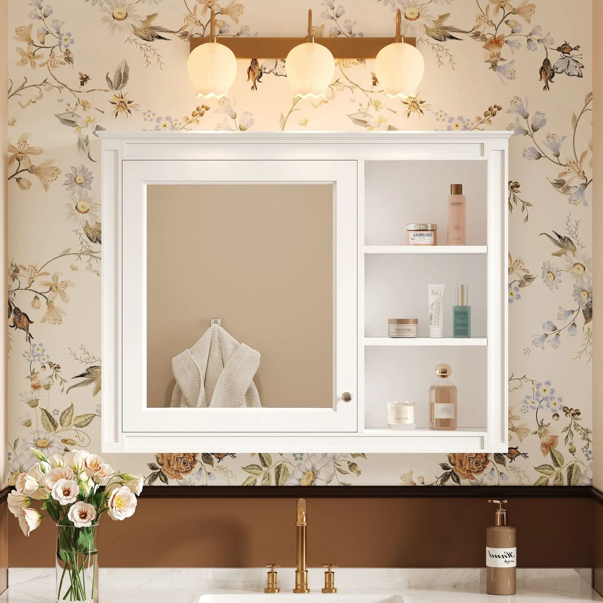Wall Mounted Medicine Cabinet With Mirror, Adjustable Shelf - | 36 x 6.7 x 28 in | Solid Wood & Glass | White