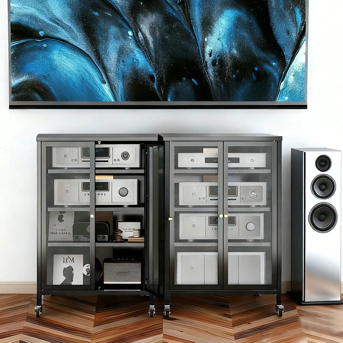 Media Storage Cabinet With Wheels | 4 Adjustable Glass Shelves | Dust-Proof Tempered Glass Door | Black