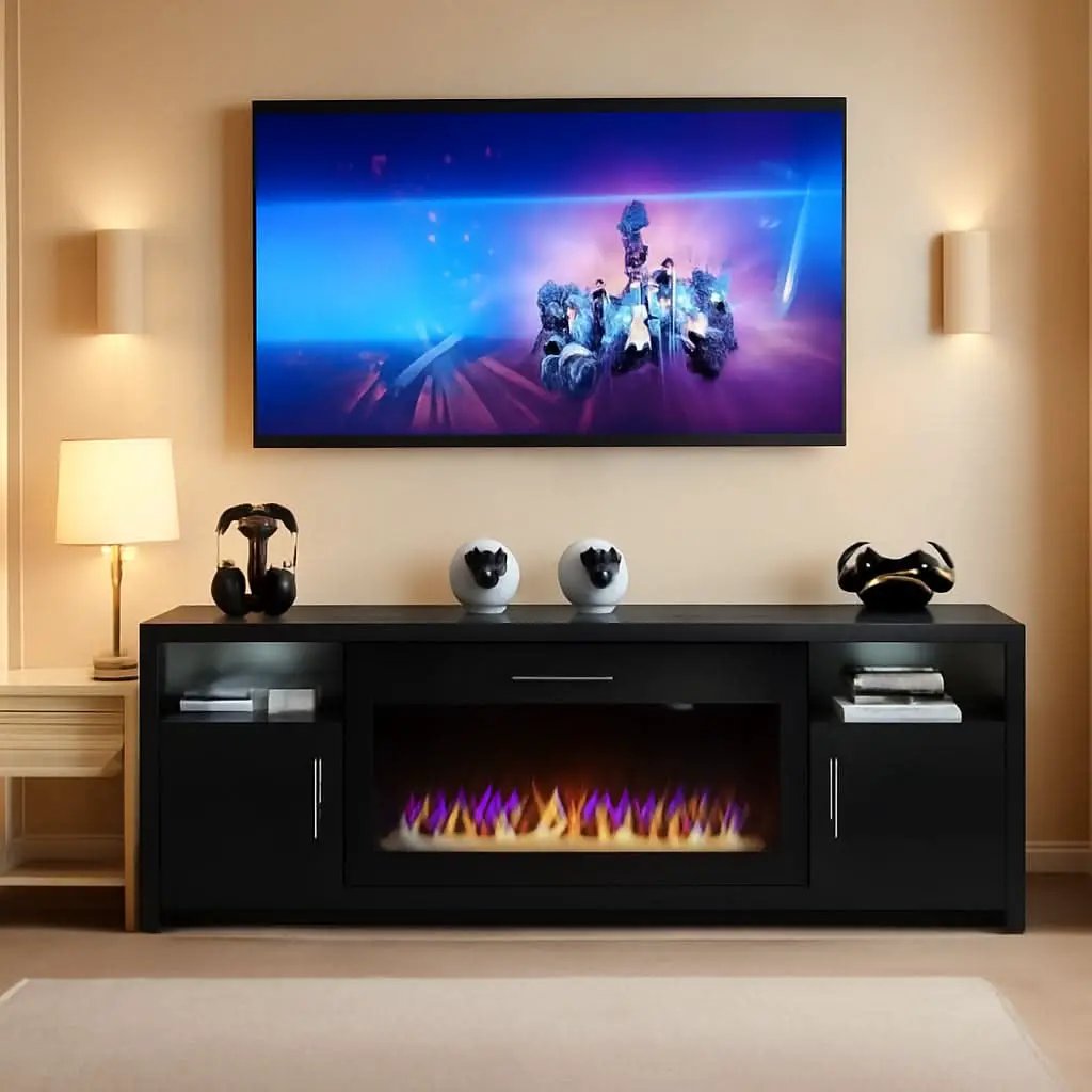 80 Inch TV Stand Electric Fireplace With LED Lighting Black from PriceLows™