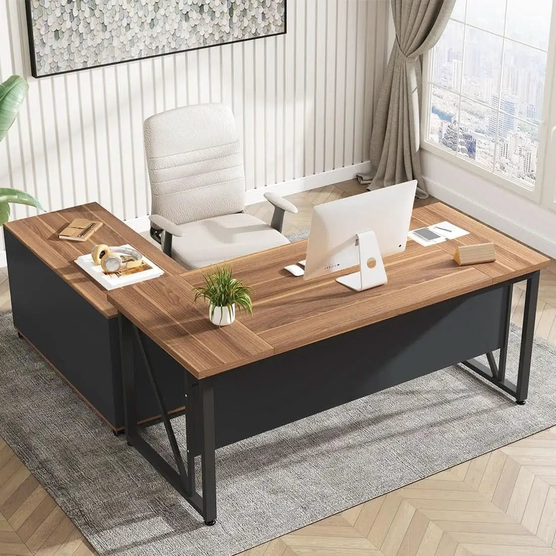 63 Inch L Shaped Desk With 47 Inch File Cabinet Brown Black from PriceLows™