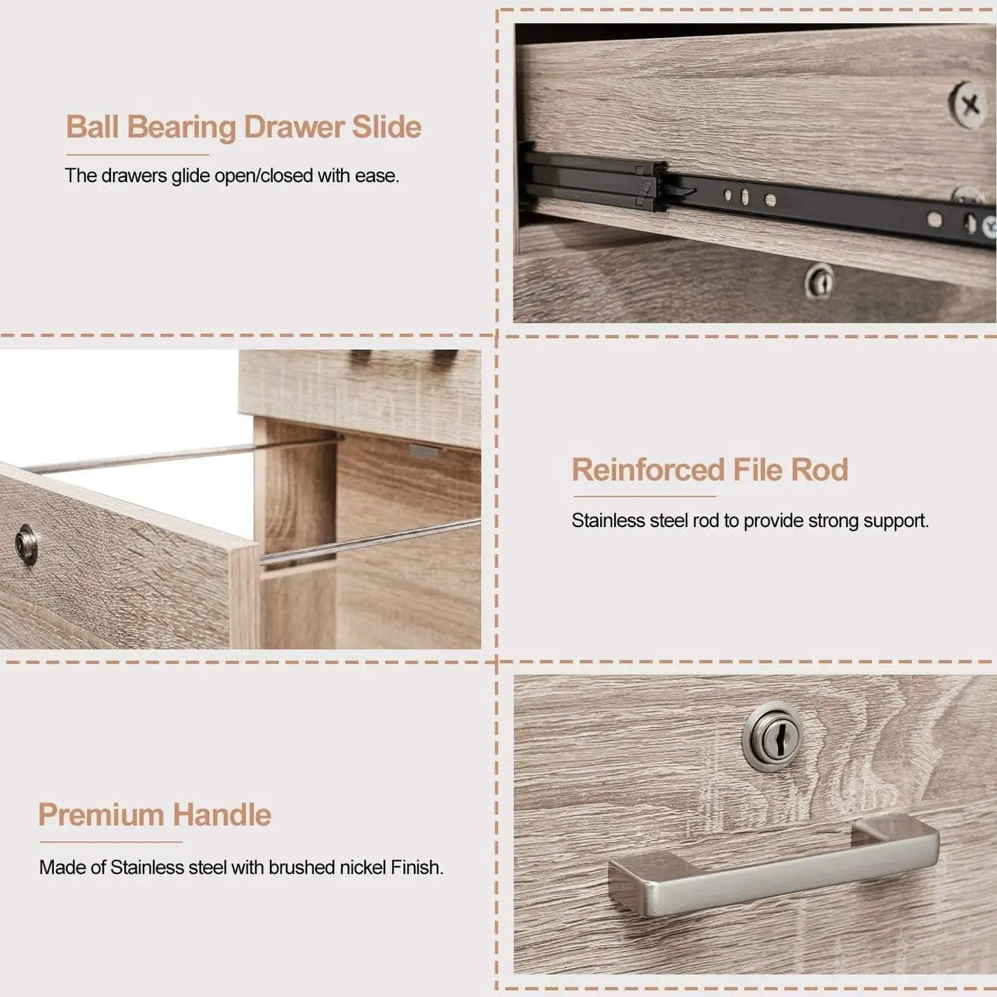 Oak 26 Inch High 3 Drawer File Cabinet With Lock For Letter Size Files And Mobile Under Desk from PriceLows™