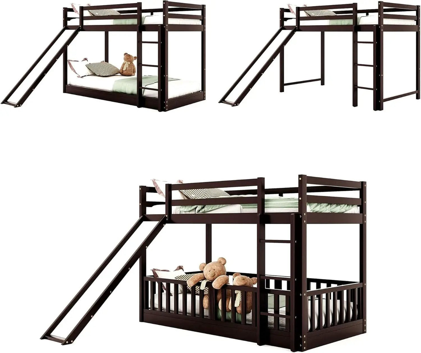 Twin Over Twin Floor Bunk Bed With Slide And Ladder from PriceLows™