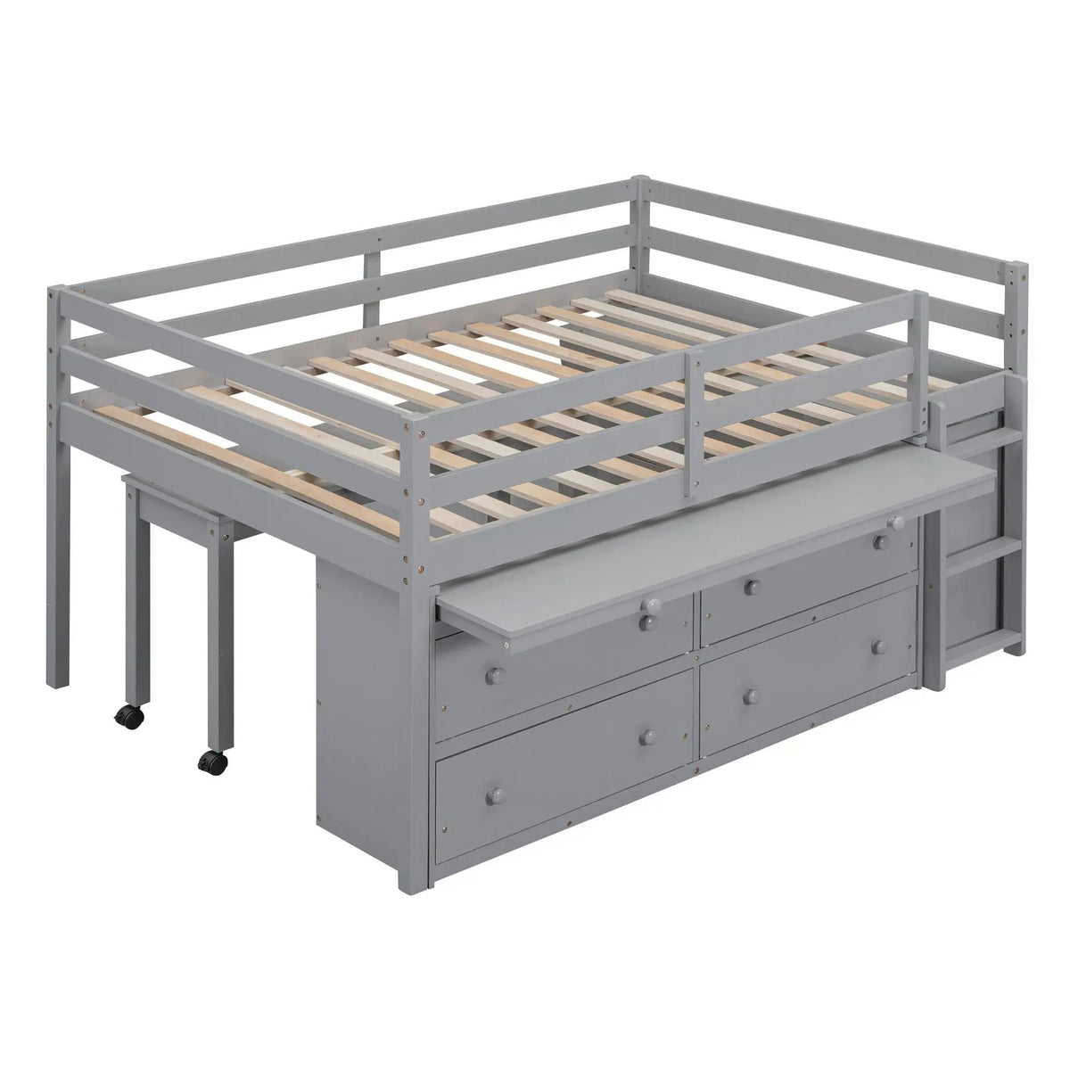 Loft Bed With Retractable Desk | 4 Front Drawers | Lateral Portable Desk | Side Shelves