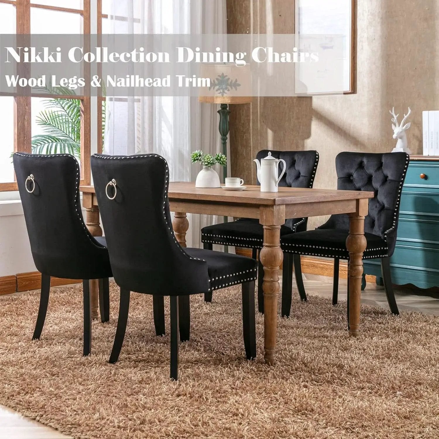 Black Velvet Dining Chairs Set of 4 with Solid Wood Legs from PriceLows™