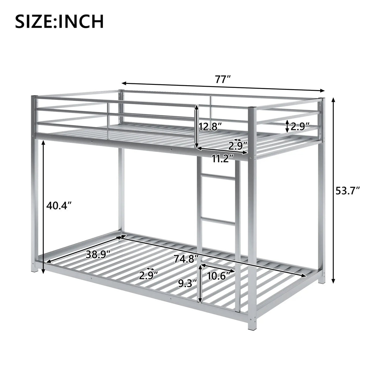 Metal Bunk Bed | Full Over Full Frame | Low Bunk With Ladder | Heavy Gauge Tubular Steel