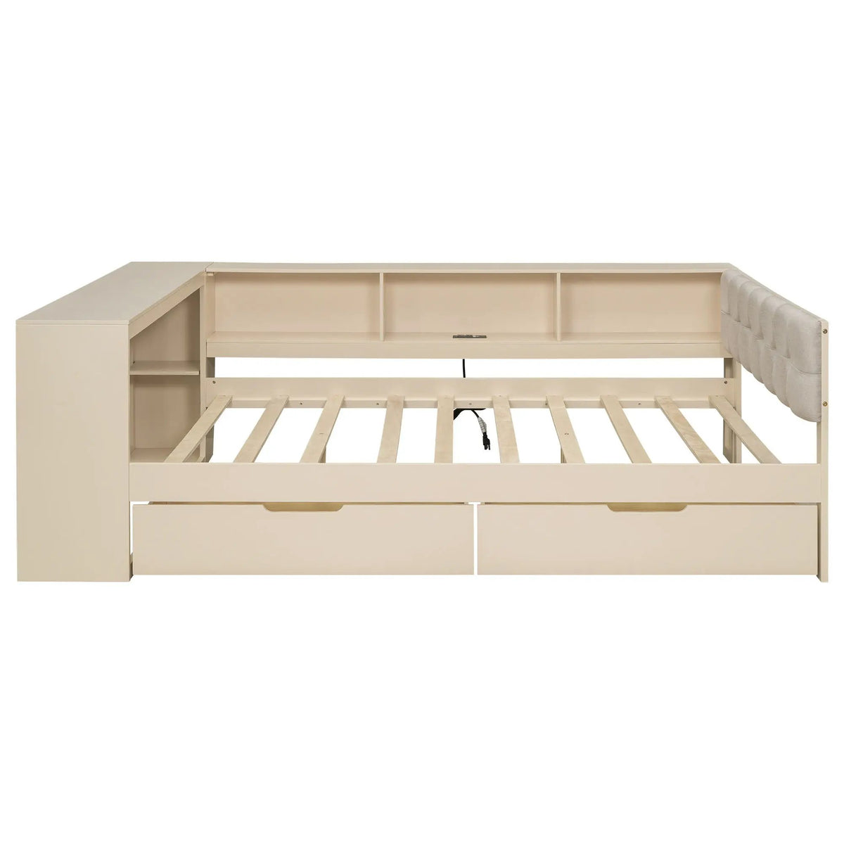 Upholstered Headboard Platform Bed | Storage Shelves | Two Drawers | Charging Station