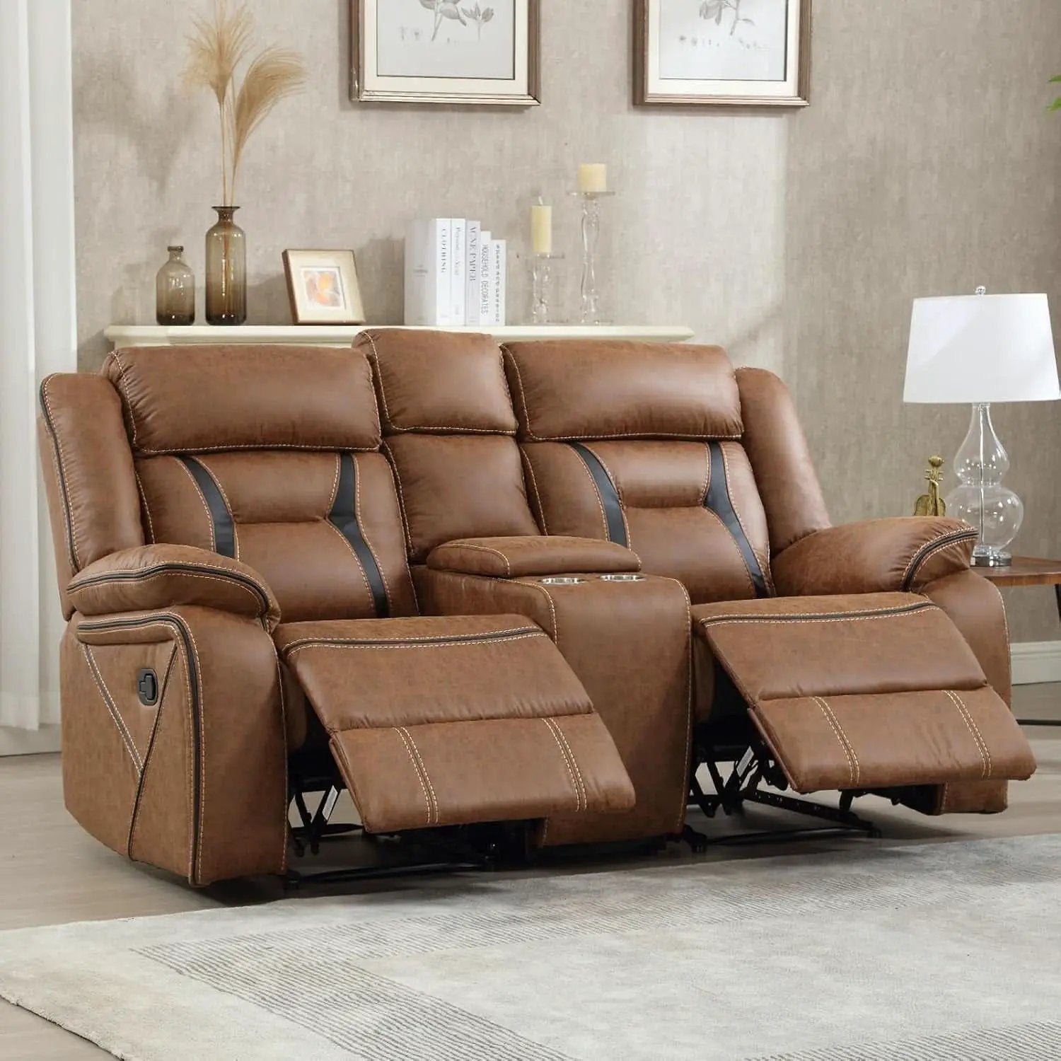 Brown Faux Leather Loveseat Dual Recliners Center Console from PriceLows™