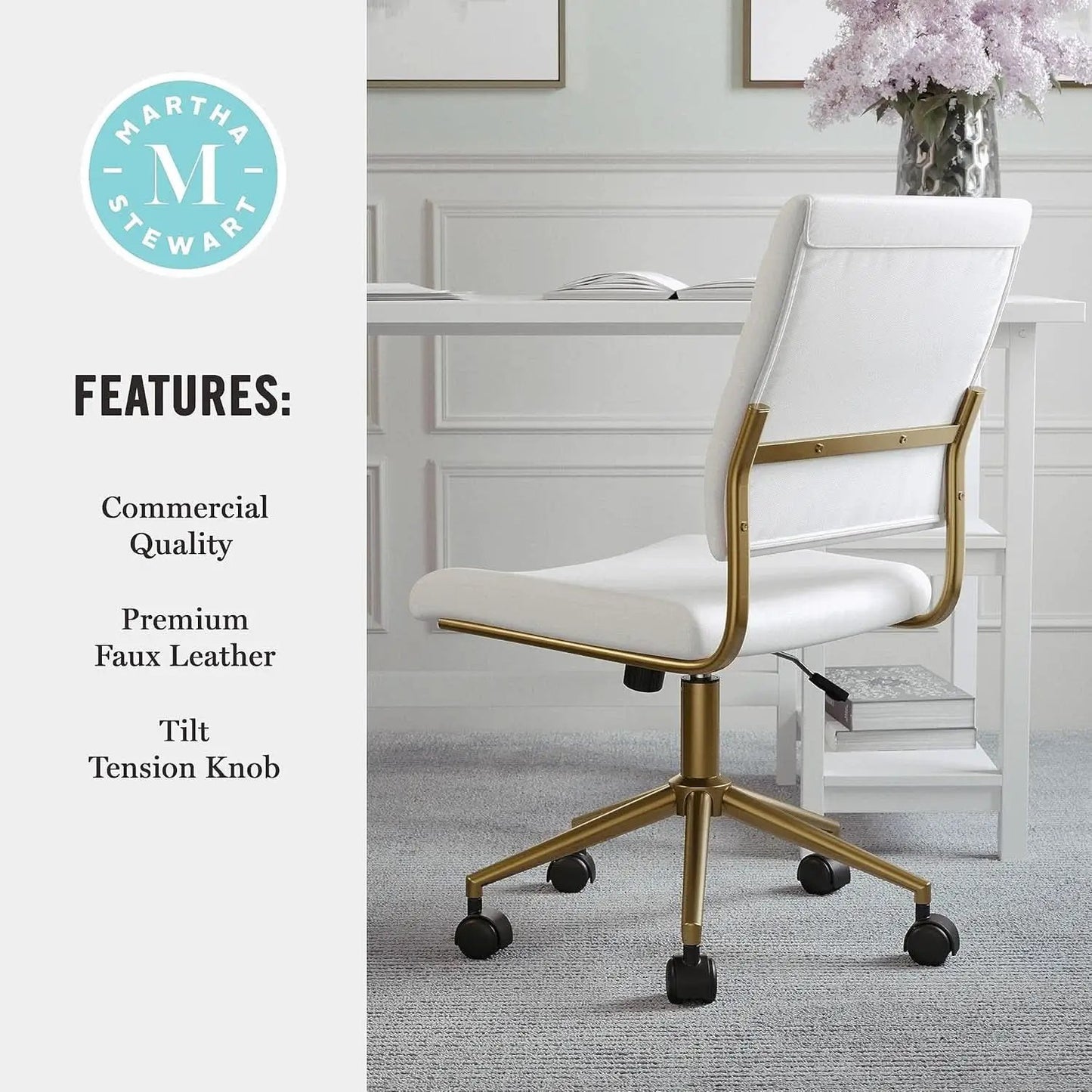 White Faux Leather Armless Swivel Chair Brass Frame from PriceLows™