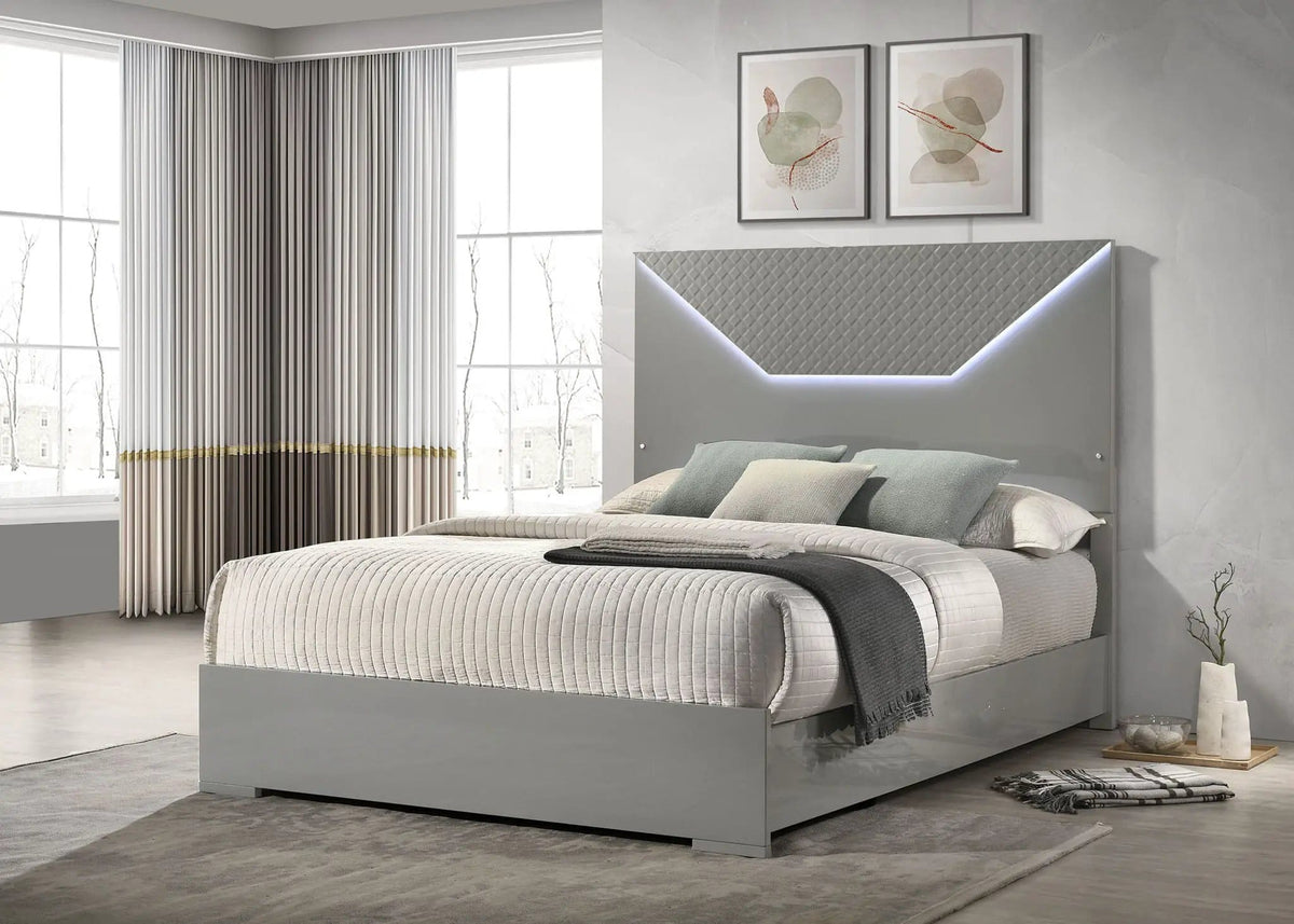 Ives Queen Panel Bed LED Headboard Grey High Gloss | 63.5 x 83.5 x 56.75 in | Bedroom Furniture | Bedroom