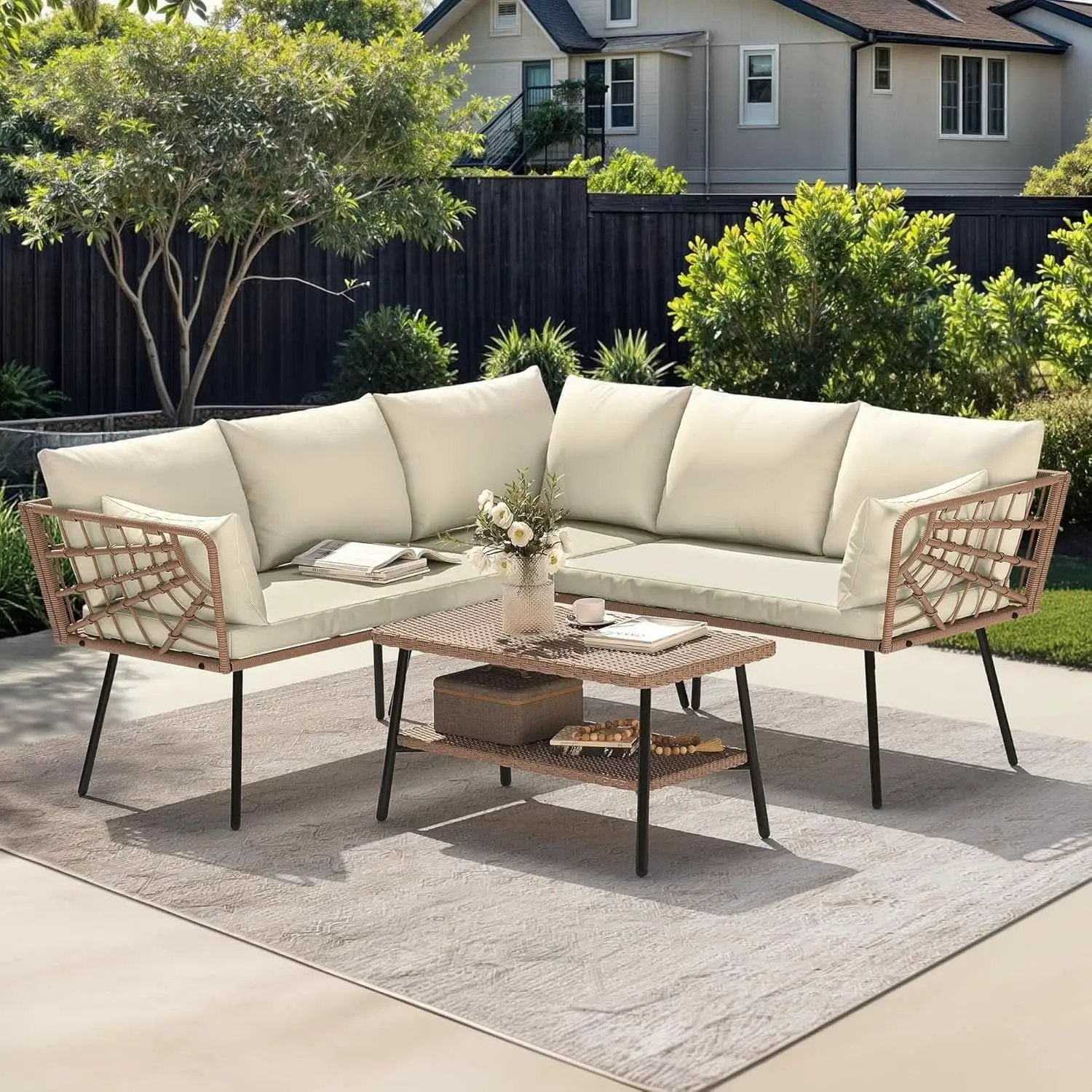 L Shape Outdoor Couch Set with Thick Cushions from PriceLows™