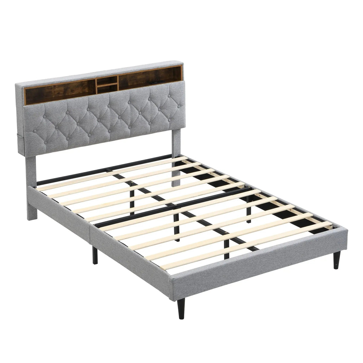 Upholstered Platform Bed Frame | Button Tufted Headboard | Two Storage Compartments | USB Ports And Outlets