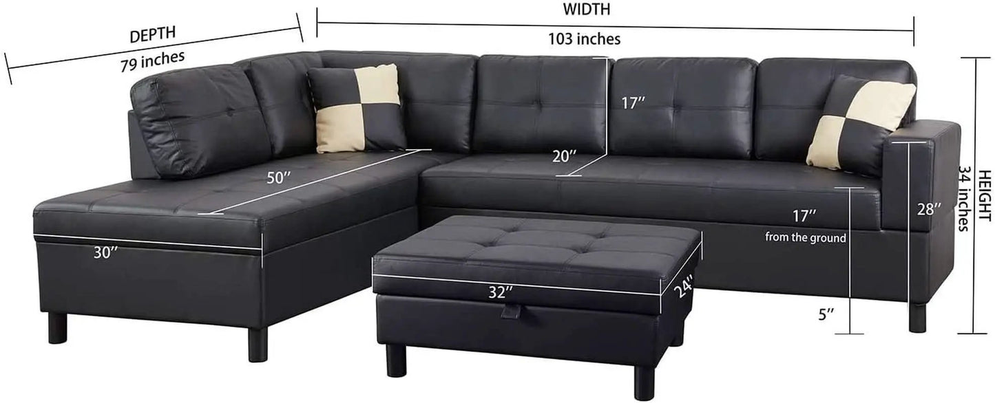 Faux Leather Sectional Sofa With Chaise Black For Living from PriceLows™