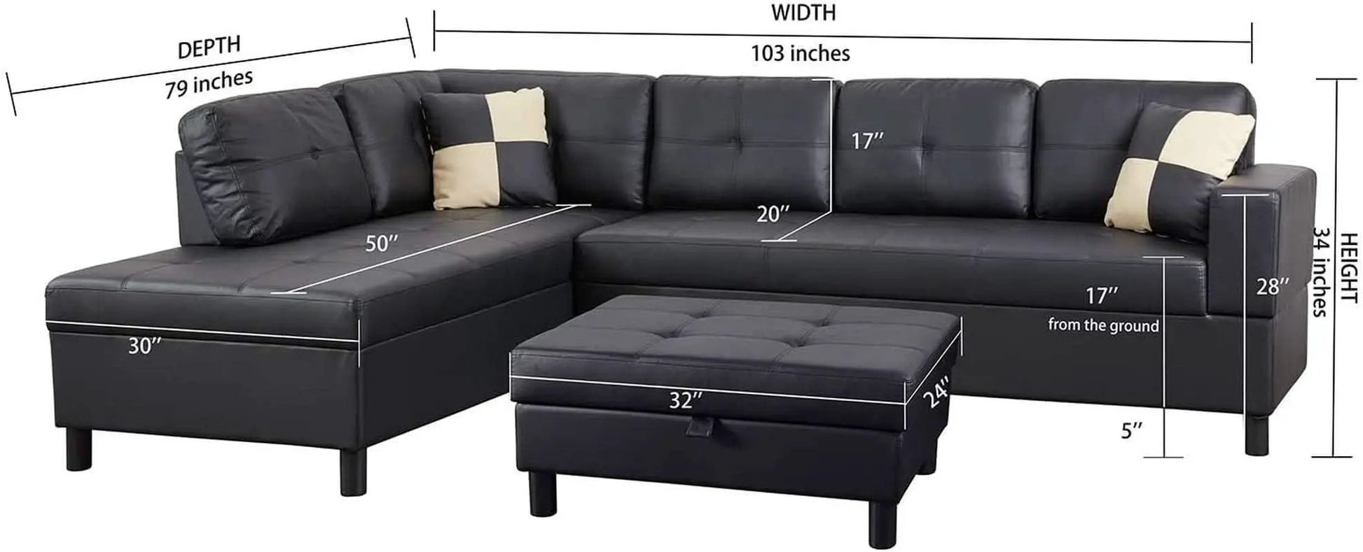 Faux Leather Sectional Sofa With Chaise Black For Living from PriceLows™