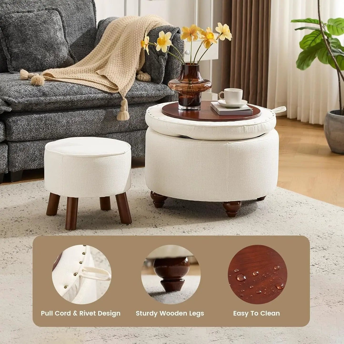 24 Inch Round Beige Storage Ottoman Removable TopWith Storage from PriceLows™