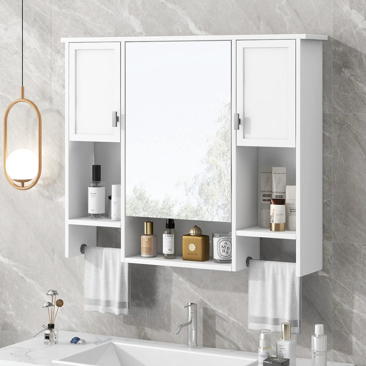 Wall Mounted Bathroom Cabinet With Mirror | Towel Bar | Closed Cabinets And Open Shelves | 35 Inch Width