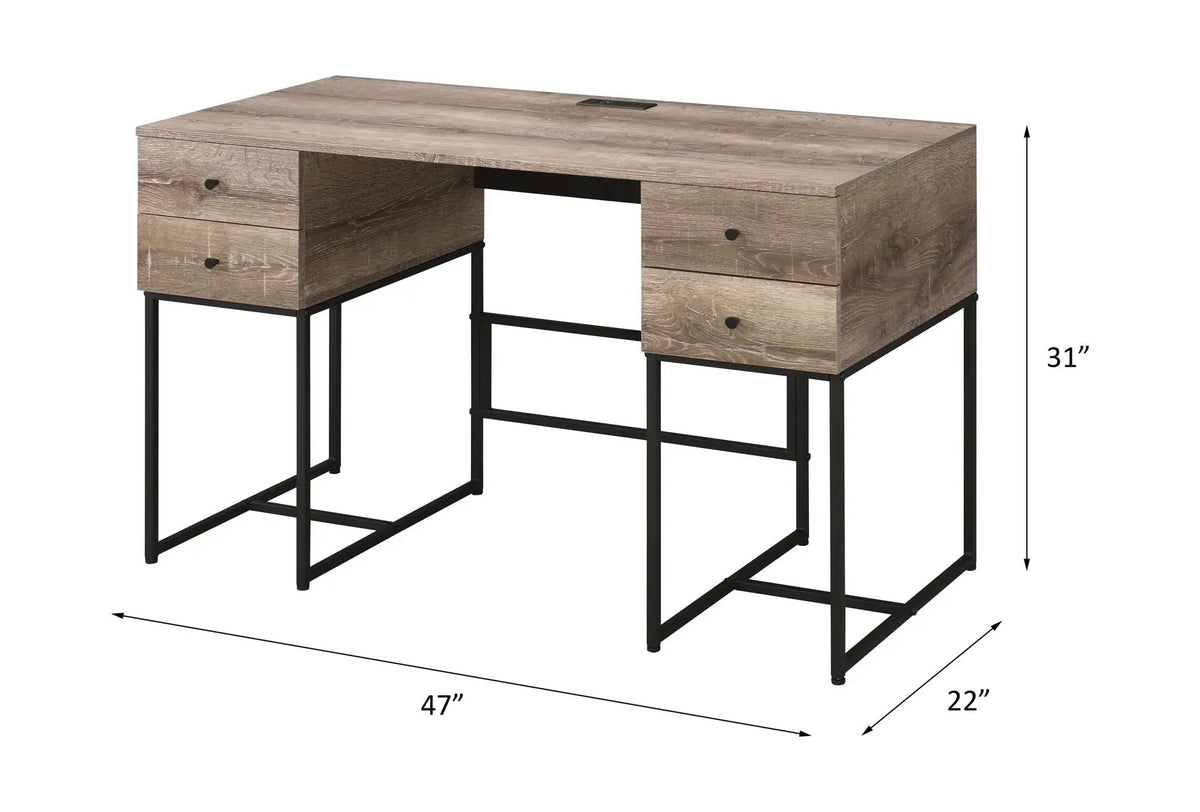 Desirre Writing Desk With USB Port | Oak Finish | Four Storage Drawers | Contemporary Metal Base