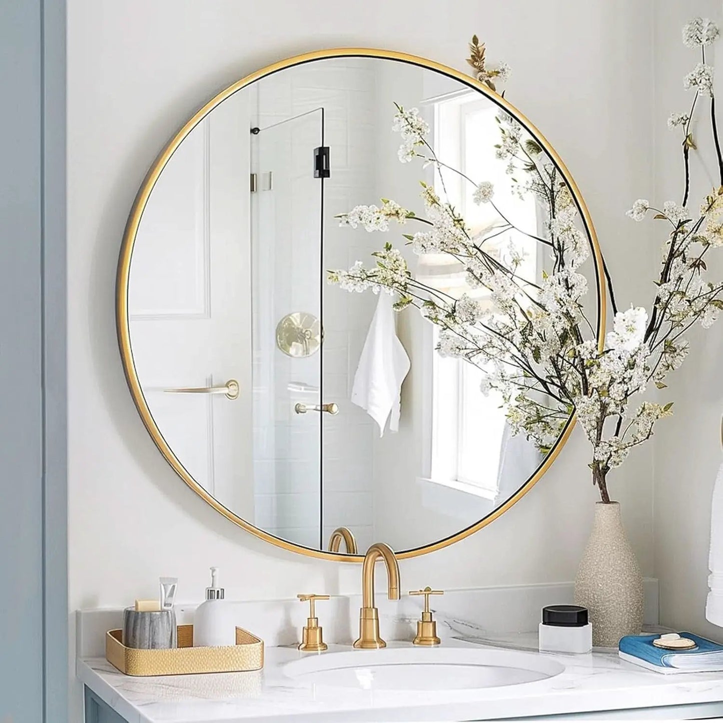 24 Inch Gold Round Mirror Shatterproof For Bathroom Hallway from PriceLows™