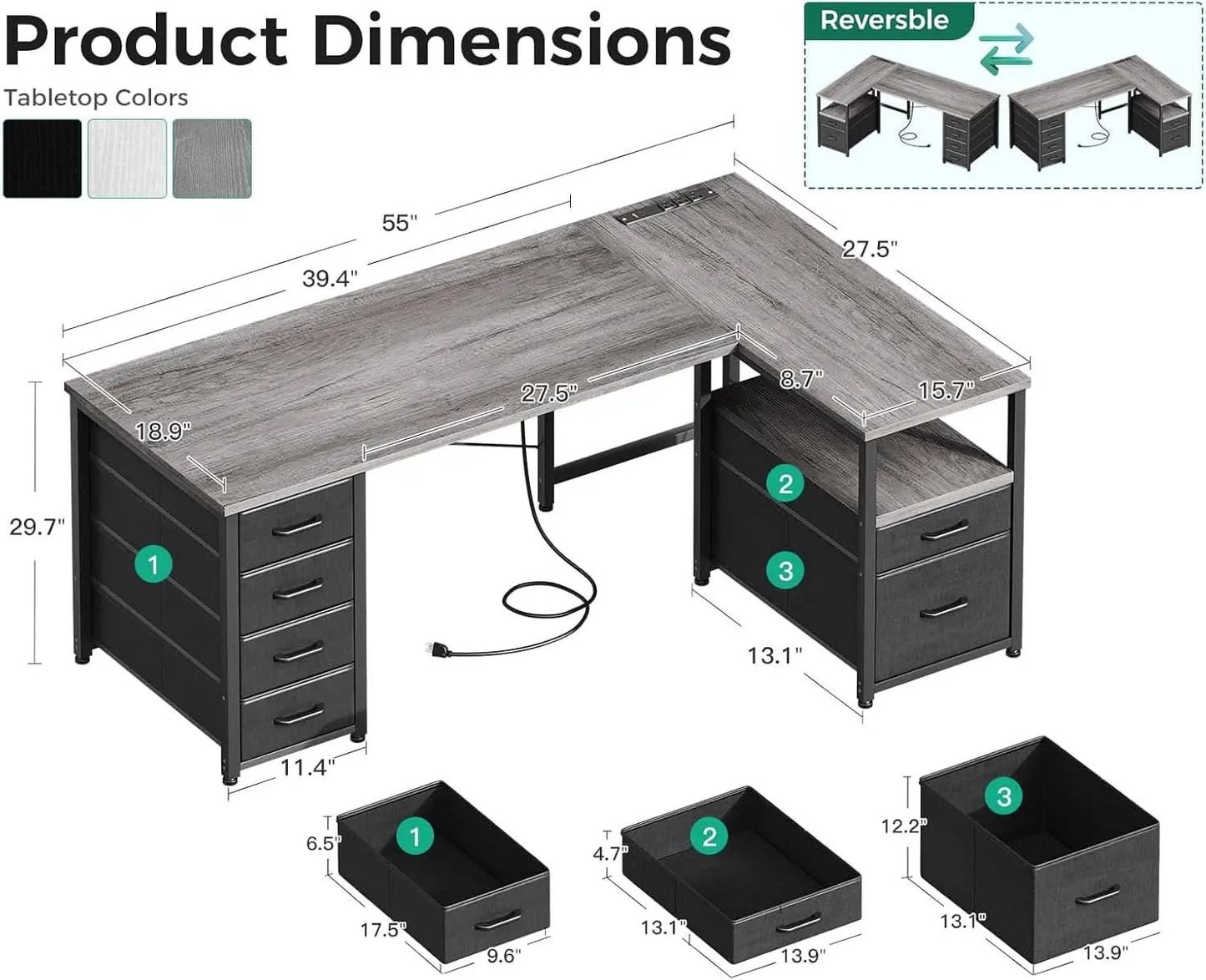 L Shaped Computer Desk With 6 Drawers And Power Outlet from PriceLows™