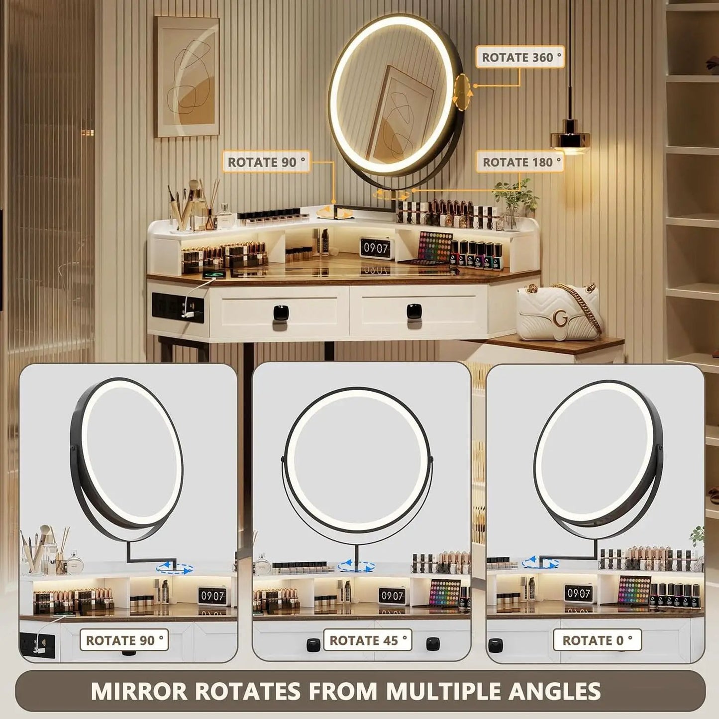 White Corner Vanity Mirror With Built In Charging Station from PriceLows™