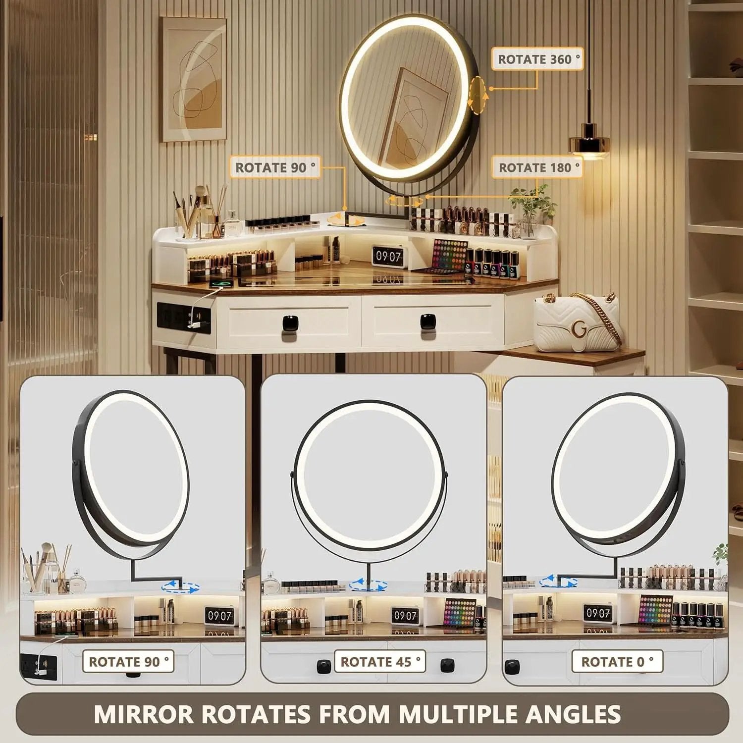 White Corner Vanity Mirror With Built In Charging Station from PriceLows™