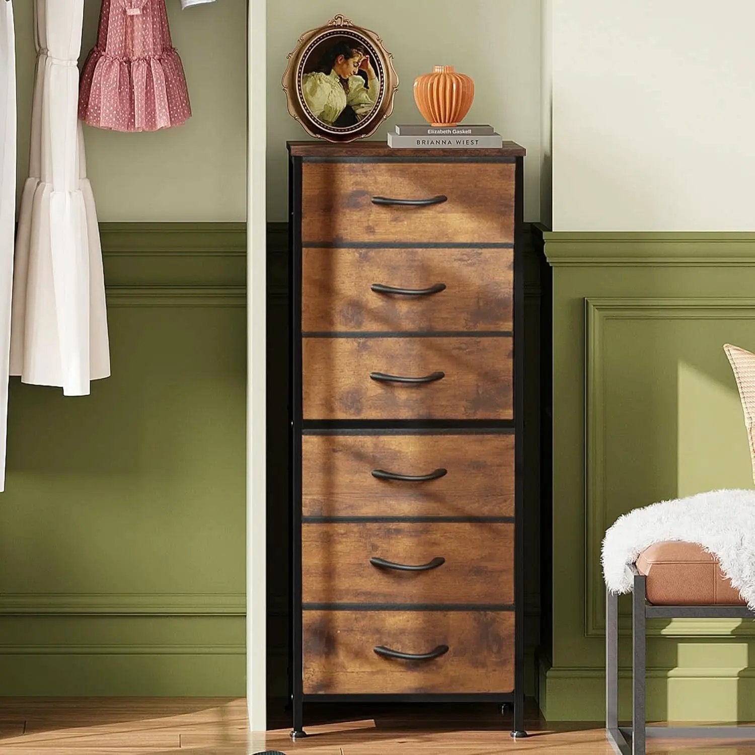 Tall Fabric Dresser With 6 Drawers And Wood Top Rustic Brown from PriceLows™