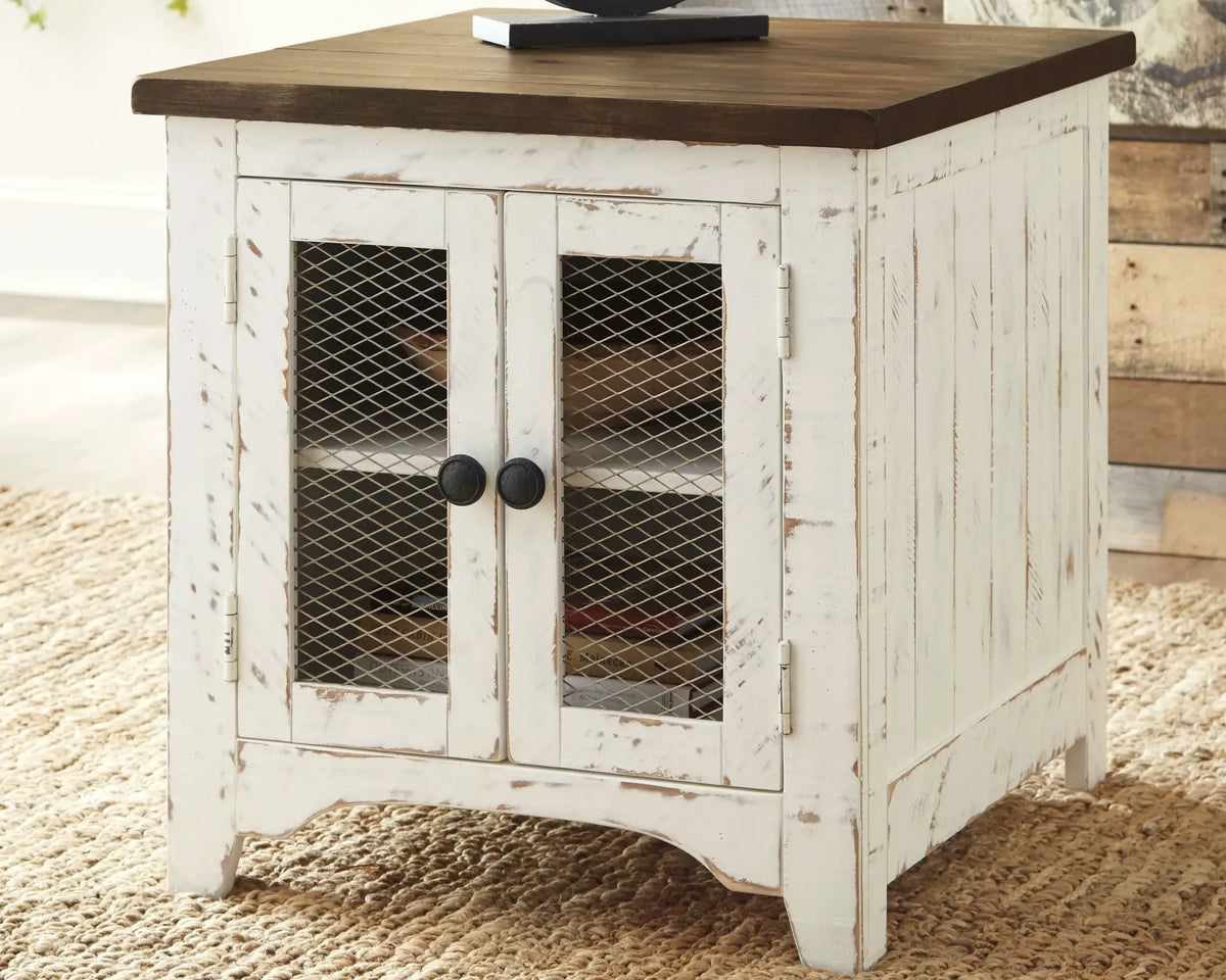 Wystfield Rectangular End Table | White And Brown | Two Doors | Adjustable Shelf