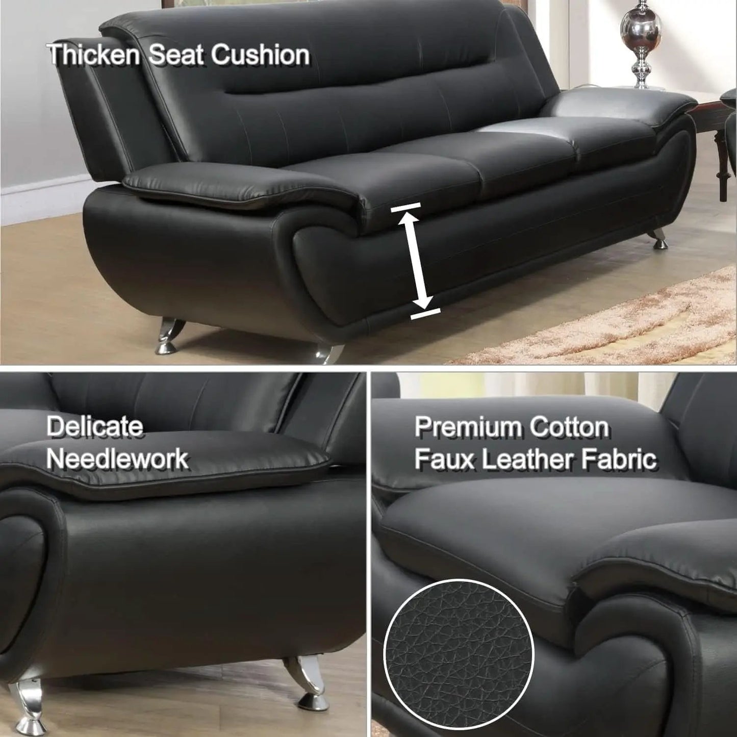 3 Piece Black Sofa Set Modern Living Room Couch Set Sofa Loveseat Chair For Home Decor from PriceLows™