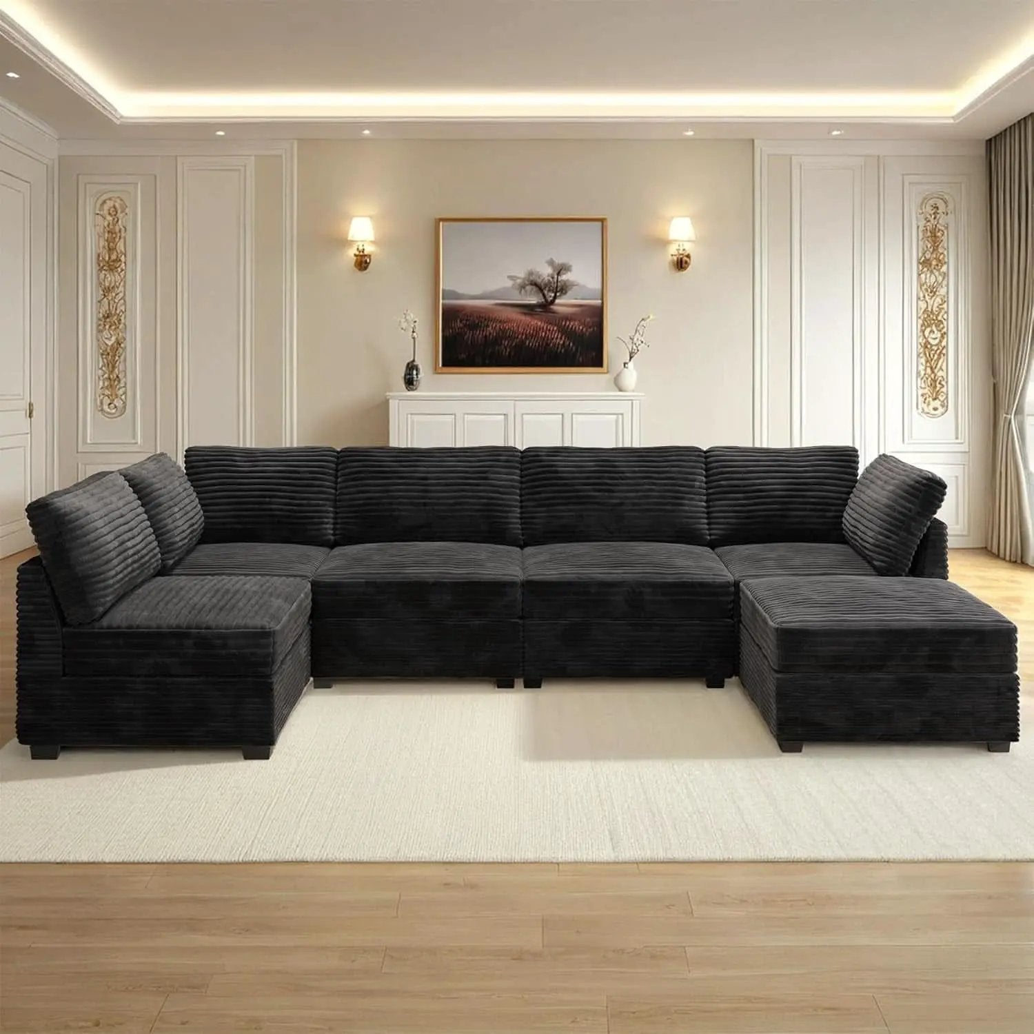 Modular Sectional Sofa Black Corduroy Convertible Sleeper from PriceLows™