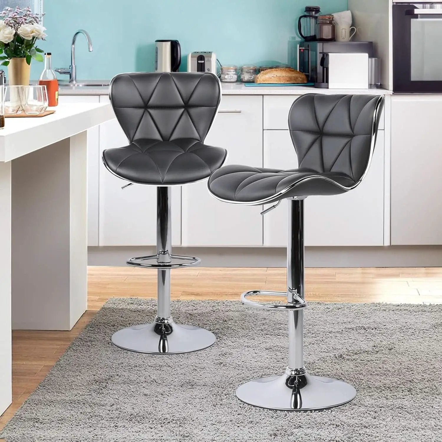 Grey Adjustable PU Leather Swivel Bar Stools Set of 2, Counter Height from PriceLows™