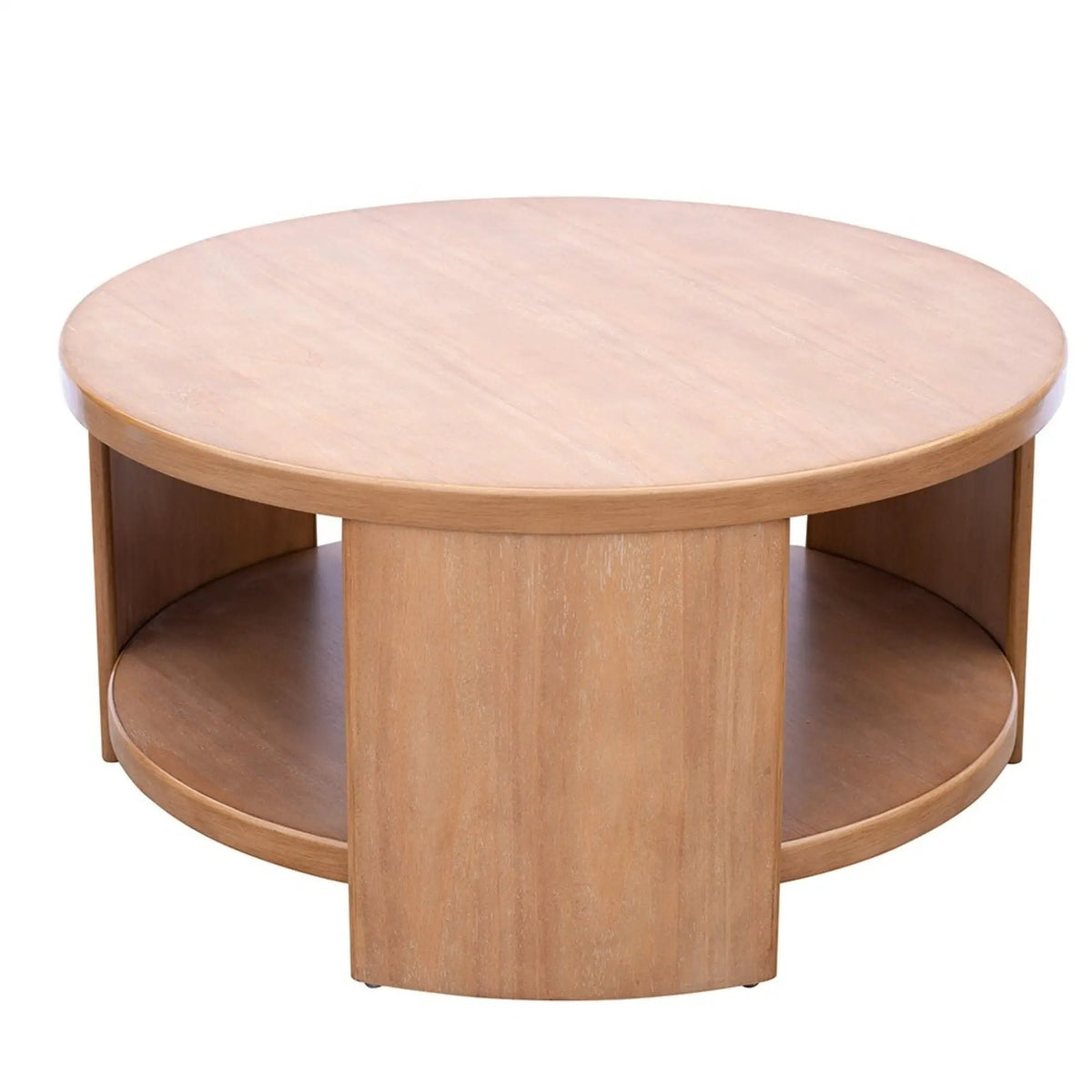 Minimalist Round Coffee Table | Natural Finish | Fixed Shelf Storage | 36 Inch Diameter