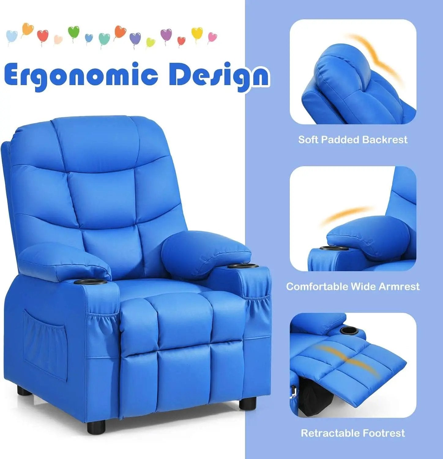 Blue Kids Recliner Chair With Cup Holder And Footrest from PriceLows™