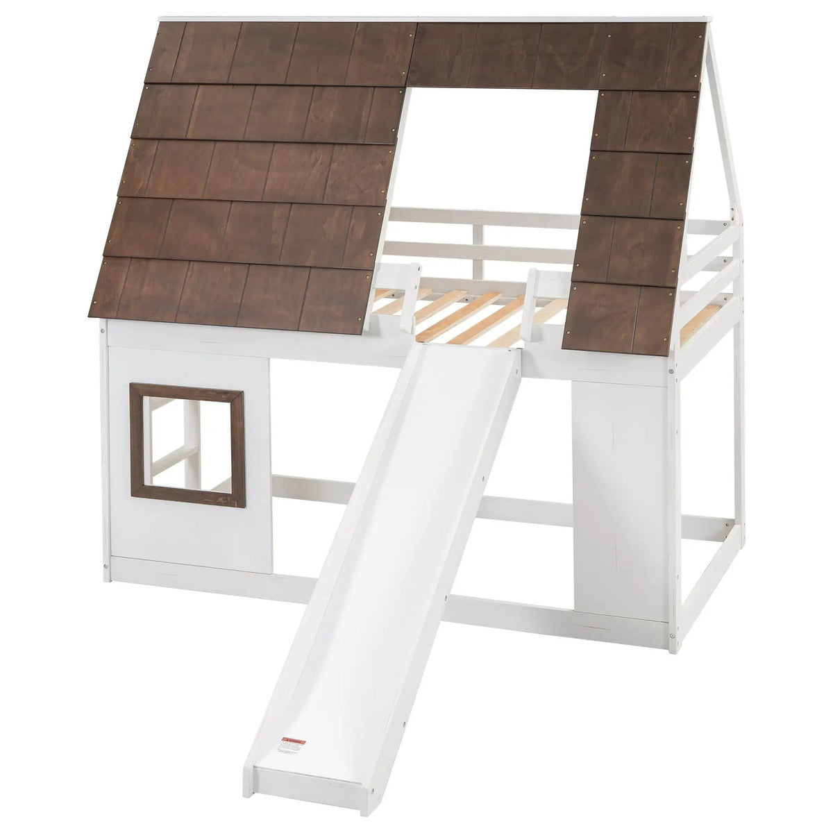 House Bunk Bed | Twin Size Solid Pine | Built In Slide | White Brown
