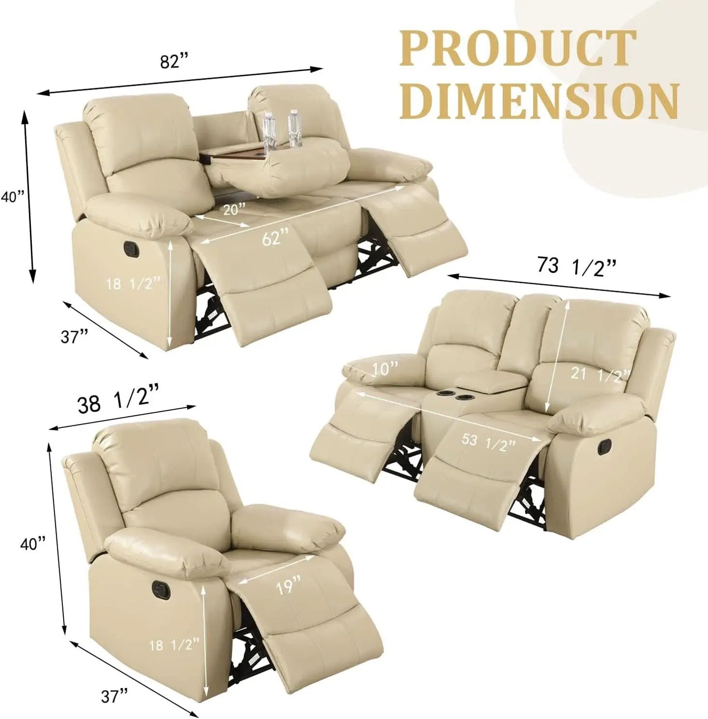 Beige Manual Leather 3 Piece Recliner Sofa Set For Living Room from PriceLows™