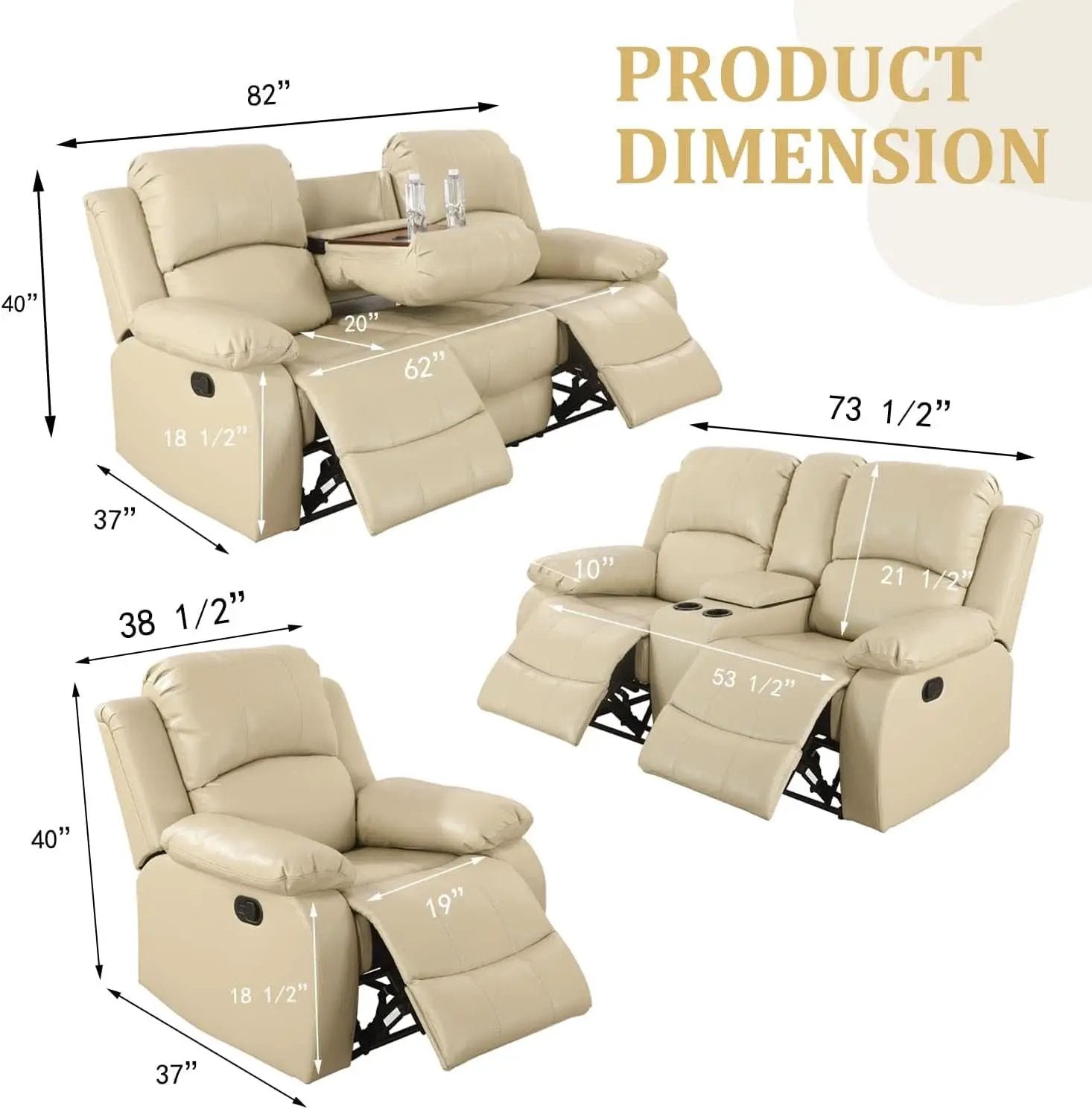 Beige Manual Leather 3 Piece Recliner Sofa Set For Living Room from PriceLows™