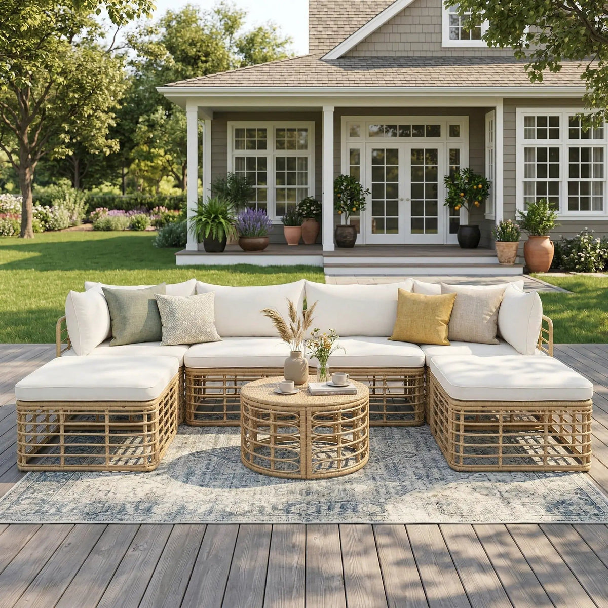 Outdoor Patio Furniture, All-Weather Rattan Sectional Sofa Set With Thick Cushions | 7 Piece Outdoor Set | Rattan | Living Room