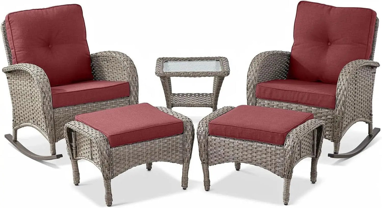5 Piece Patio Rocking Chairs Set With Wicker Ottomans from PriceLows™