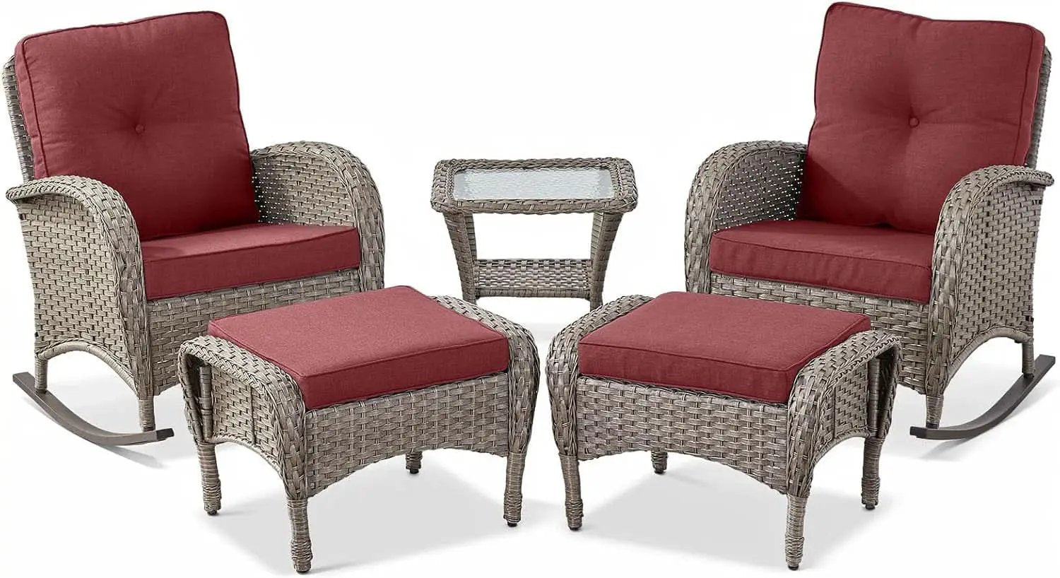 5 Piece Patio Rocking Chairs Set With Wicker Ottomans from PriceLows™