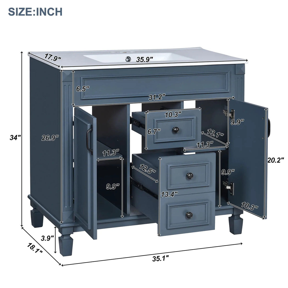 36 Inch Bathroom Vanity With Top Sink | Blue Finish | 2 Soft Closing Doors | 2 Drawers