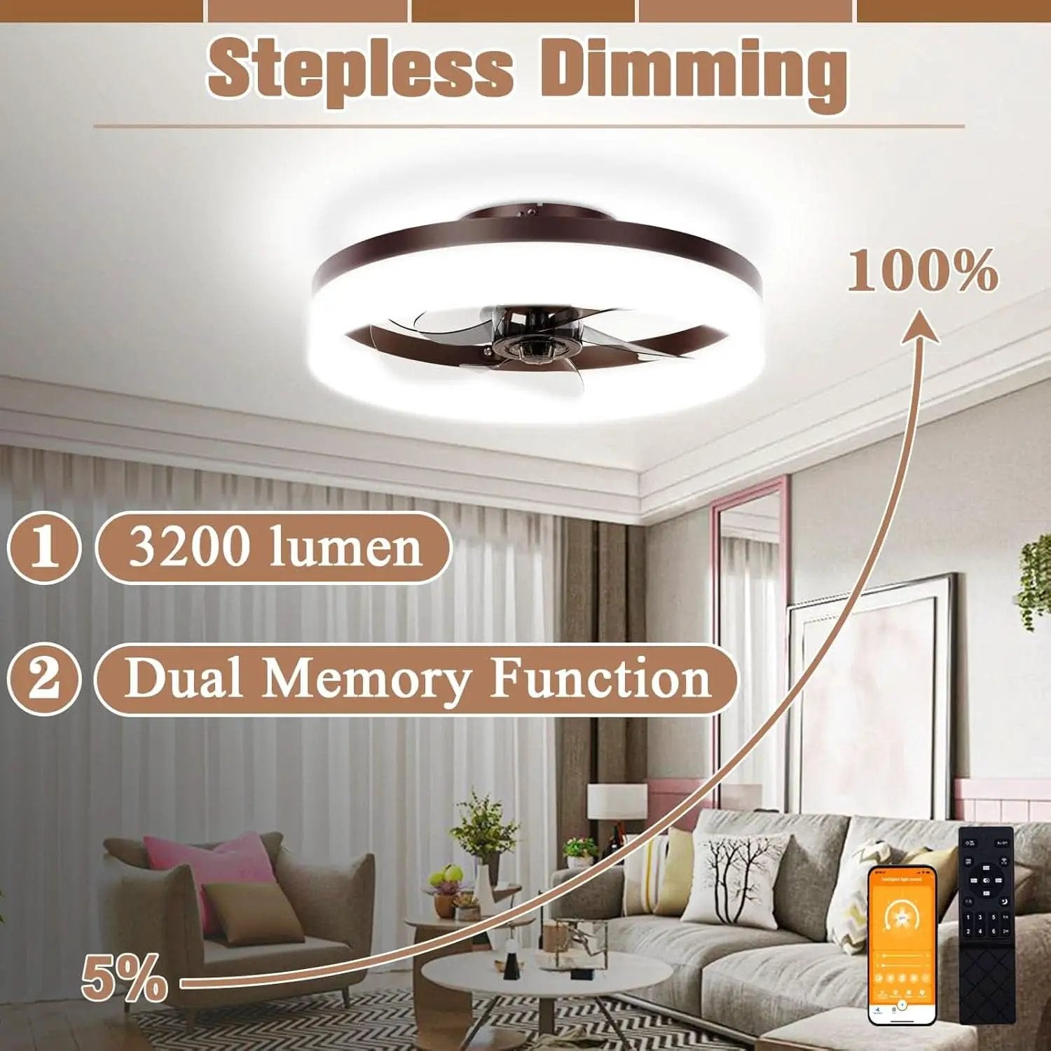 Brown Flush Mount Bladeless Fan Light With Dimmable LED from PriceLows™