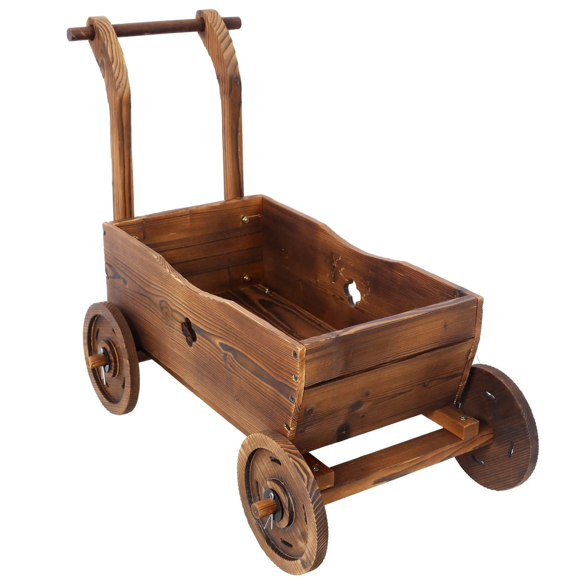 Wooden Wagon Planter Box | Four Sturdy Wheels | Ergonomic Handle | Brown