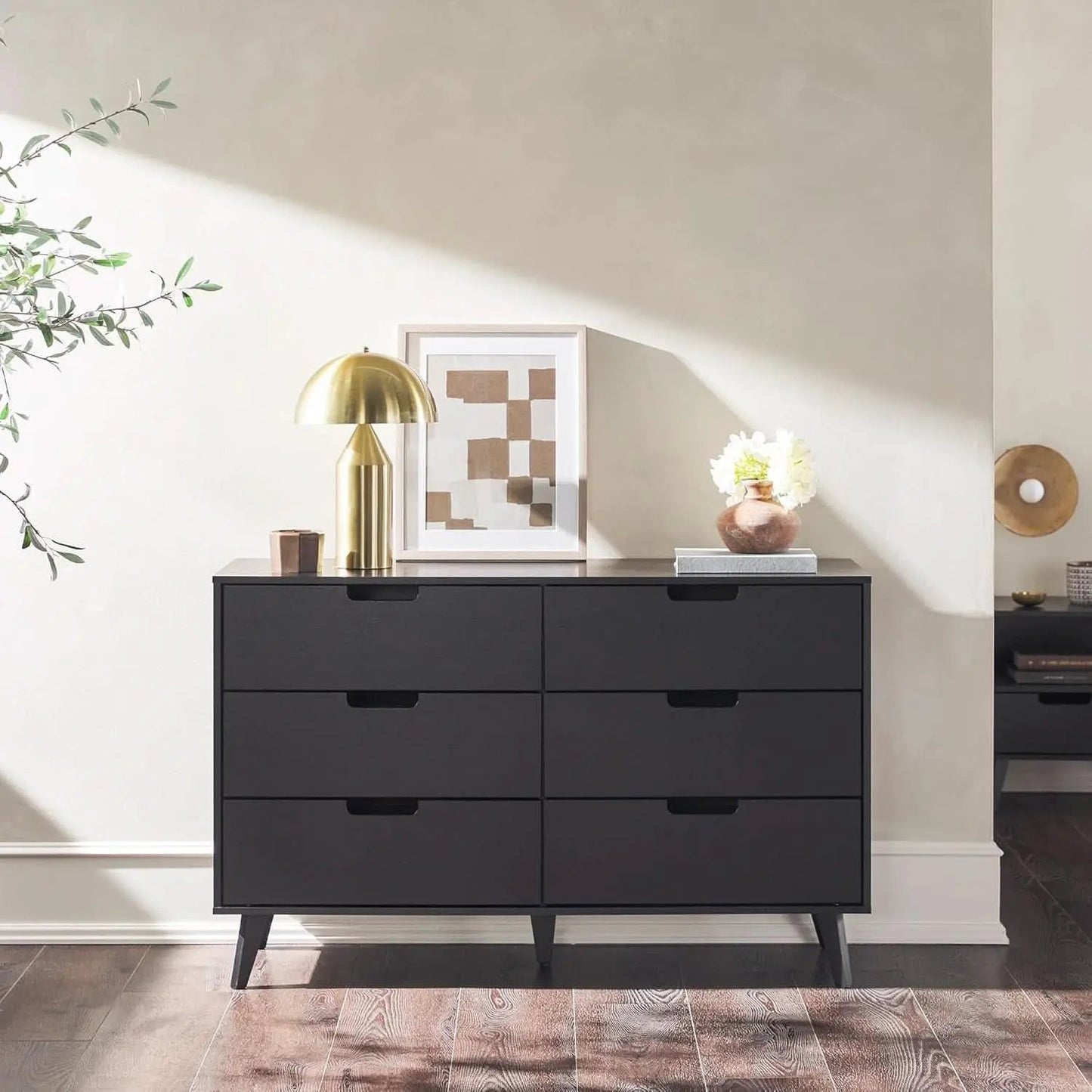 Modern Six Drawer Dresser Black 52 Inch Bedroom Storage from PriceLows™