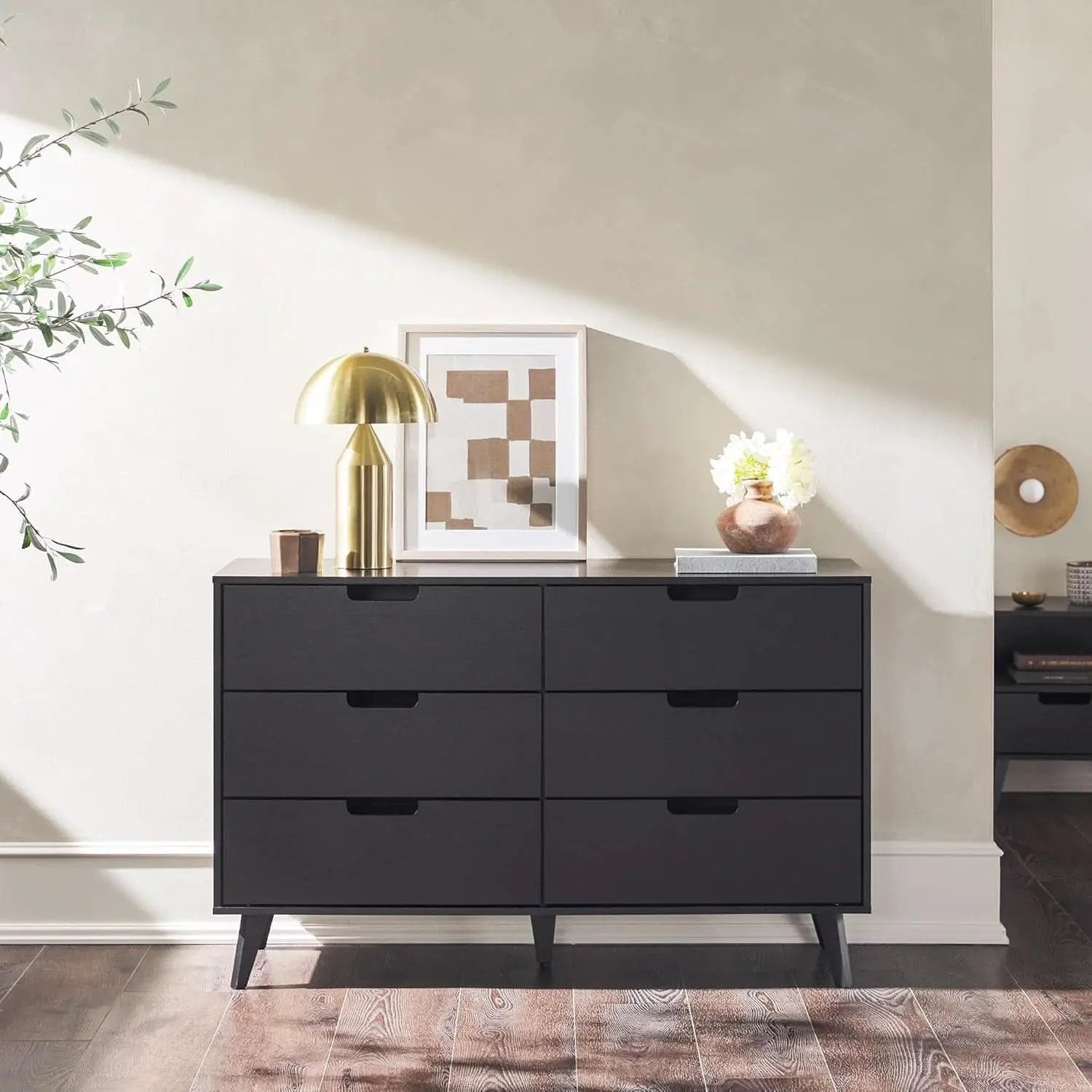 Modern Six Drawer Dresser Black 52 Inch Bedroom Storage from PriceLows™