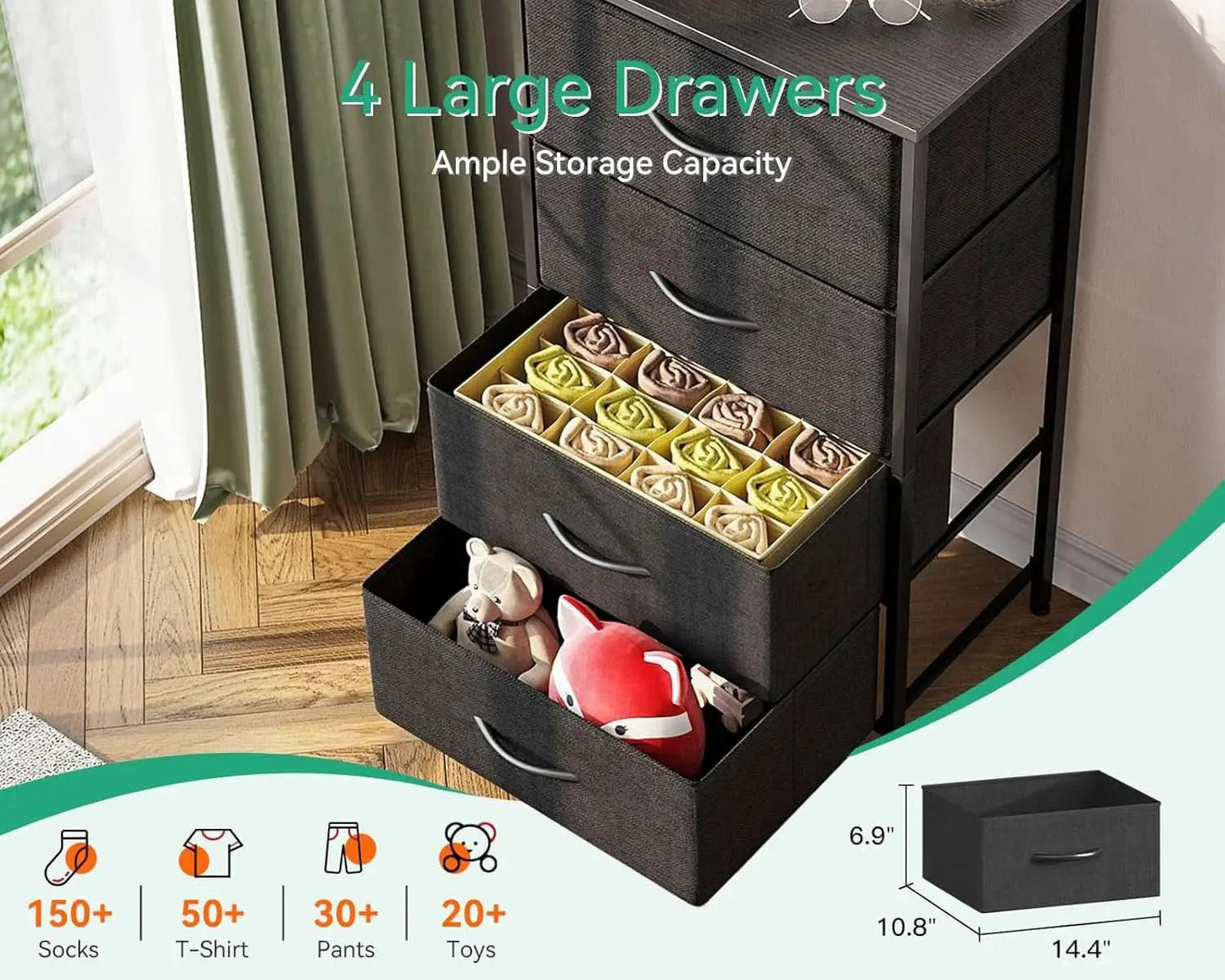 Black Textured Fabric Dresser With Four Deep Drawers from PriceLows™