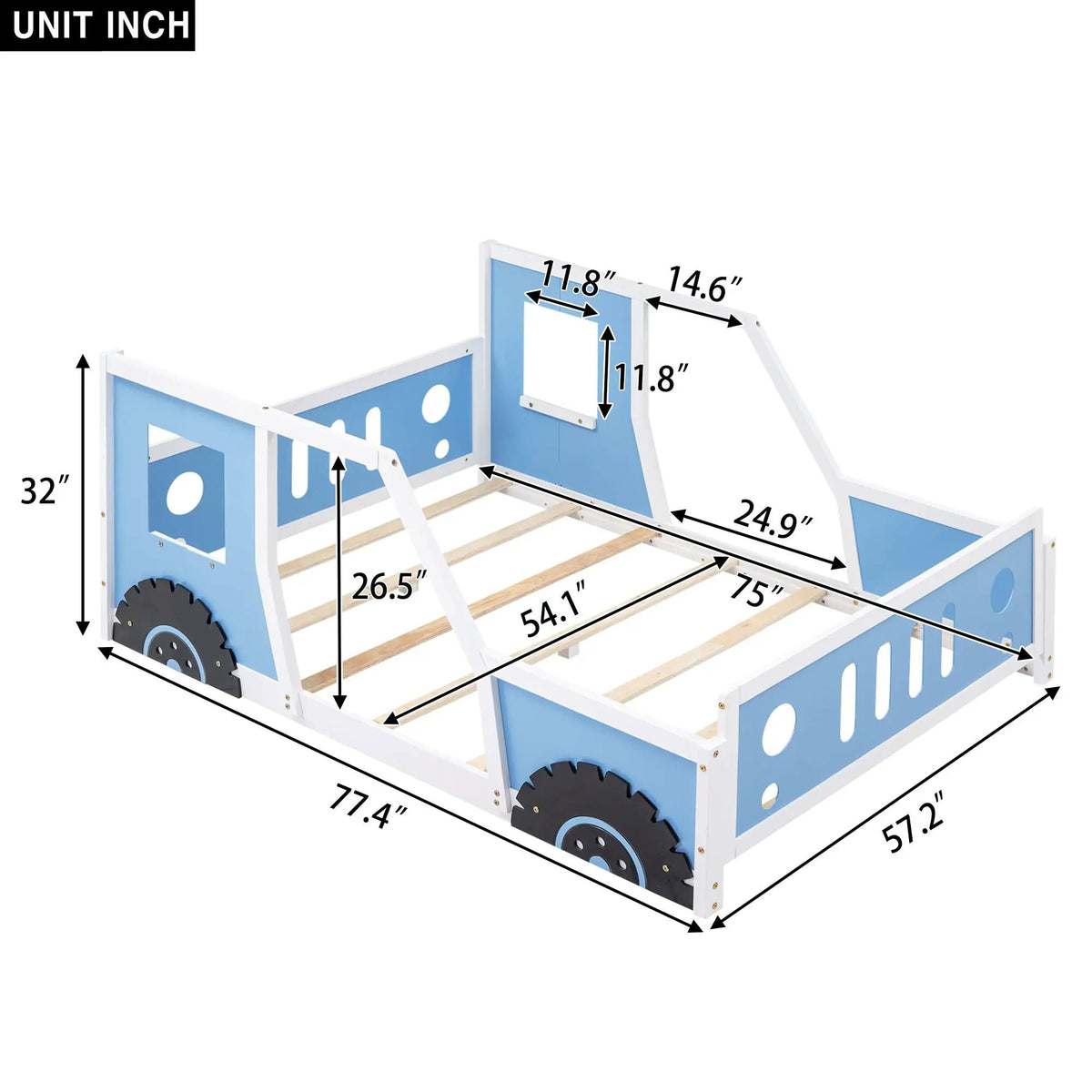 Car Shaped Platform Bed | Solid Pine Wood | Decorative Wheels