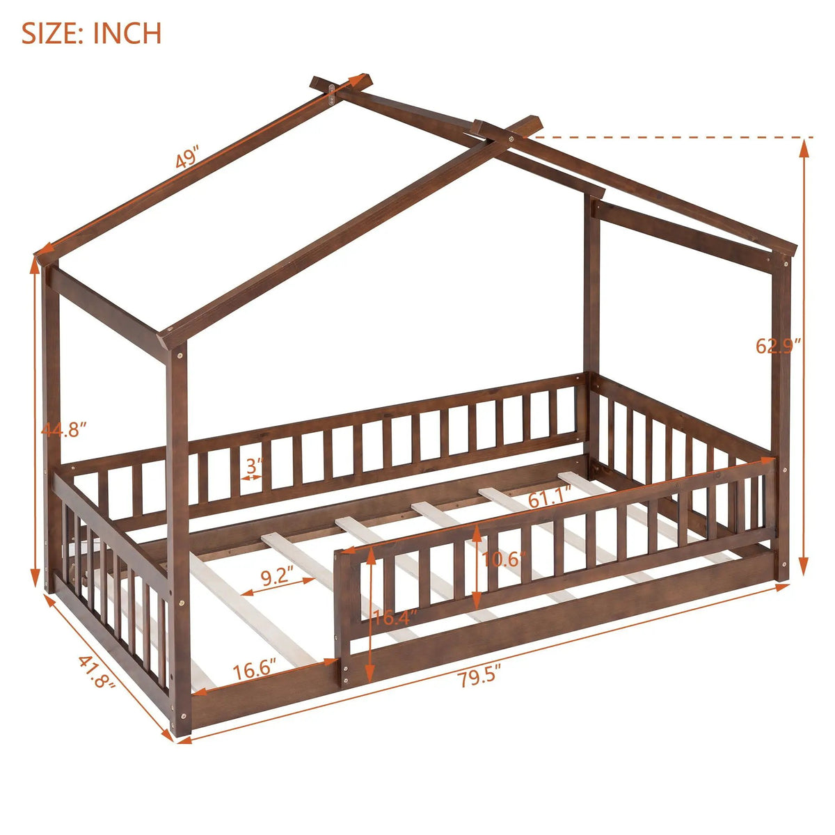Kids Bed Frame | Playhouse Design | Roof And Fence | Toddler Size