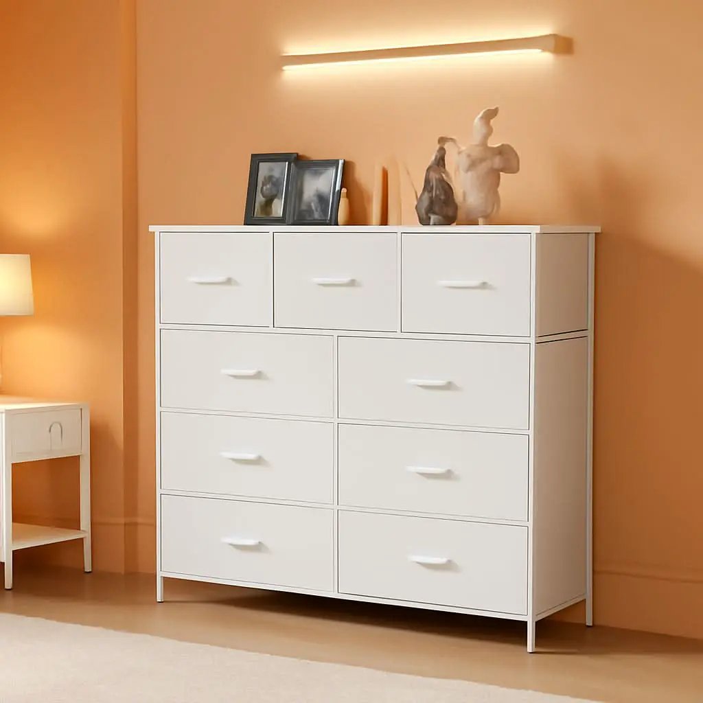 Sturdy Nine Drawer Dresser With Wood Top And Steel Frame from PriceLows™