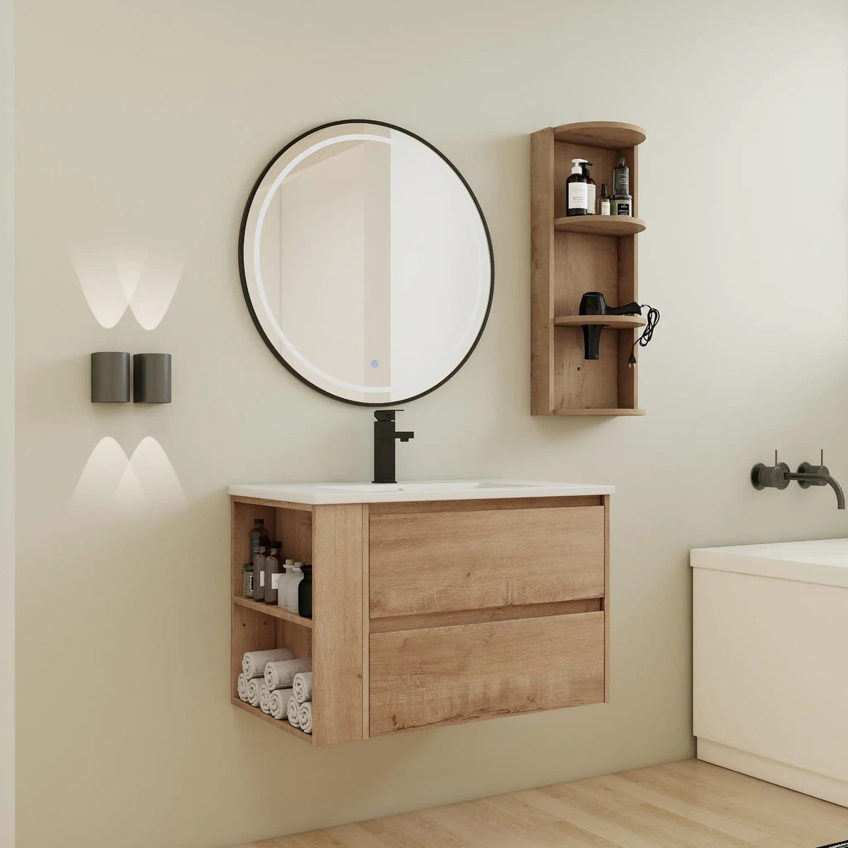 Modern Wall Mounted Bathroom Vanity With Ceramic Sink And Storage Rack, 2 Soft Close | 2 Pieces | Ceramic & Plywood | Bathroom