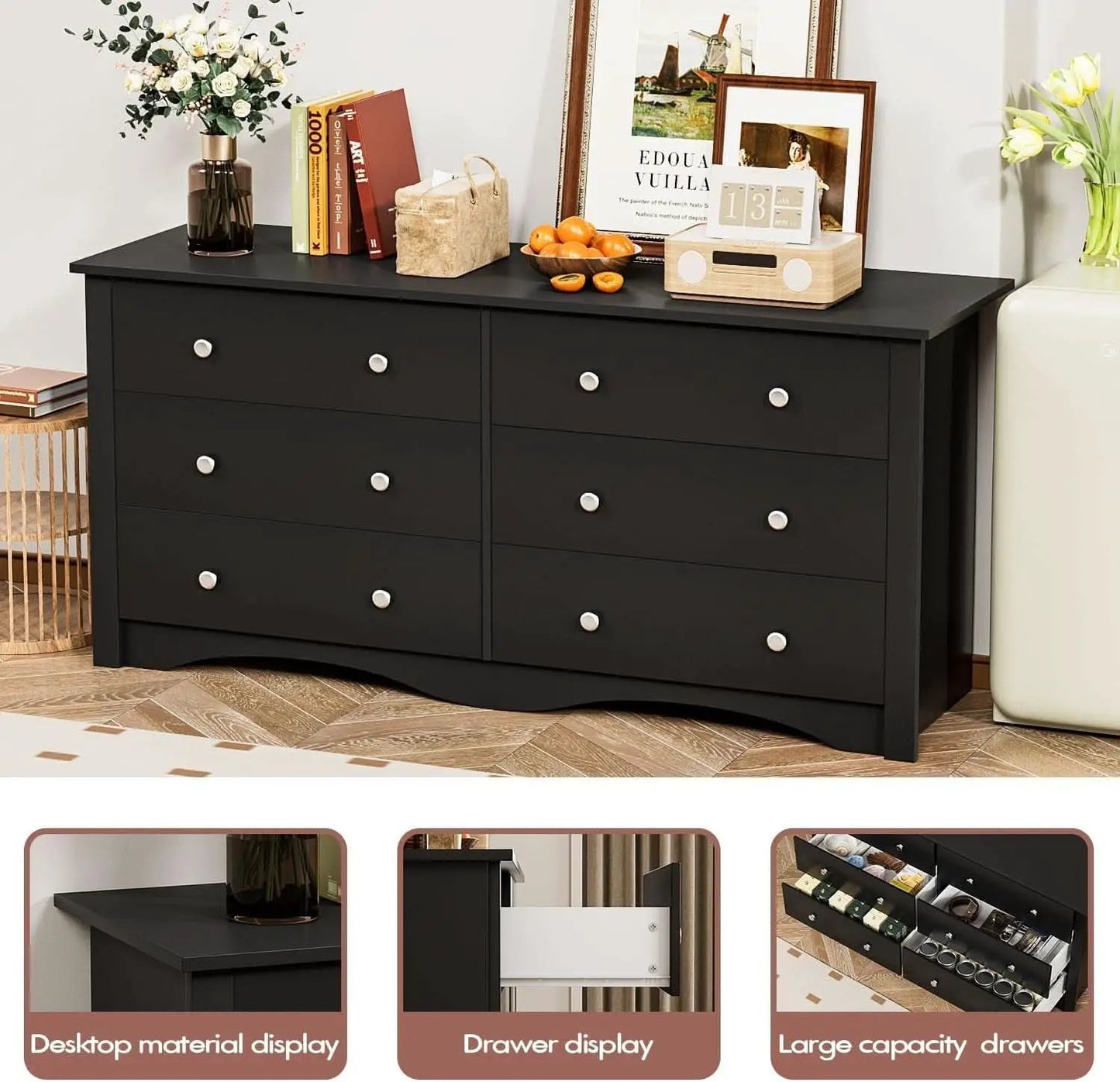 Black Dresser With 6 Drawers And TV Stand Storage Chest from PriceLows™