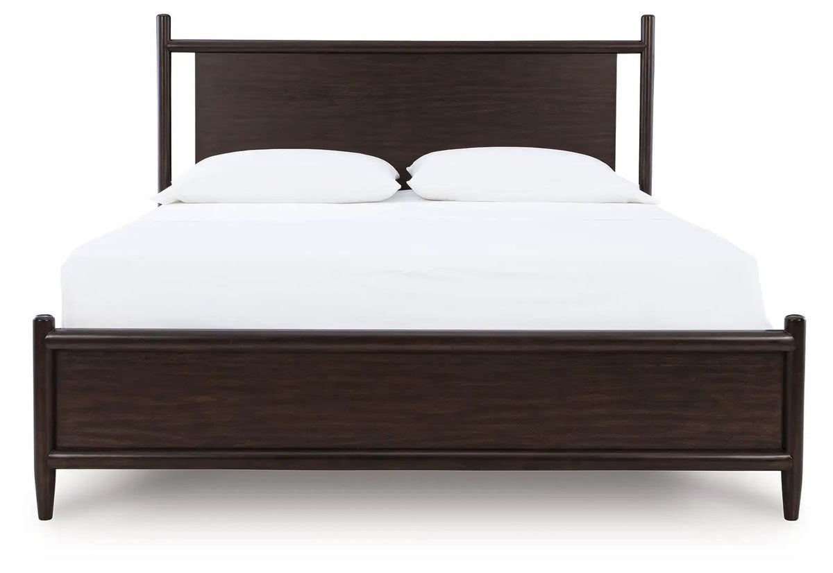Dantenton Panel Bed | Rounded Wooden Frame | Rich Merlot Finish | Contemporary Mid-Century Style
