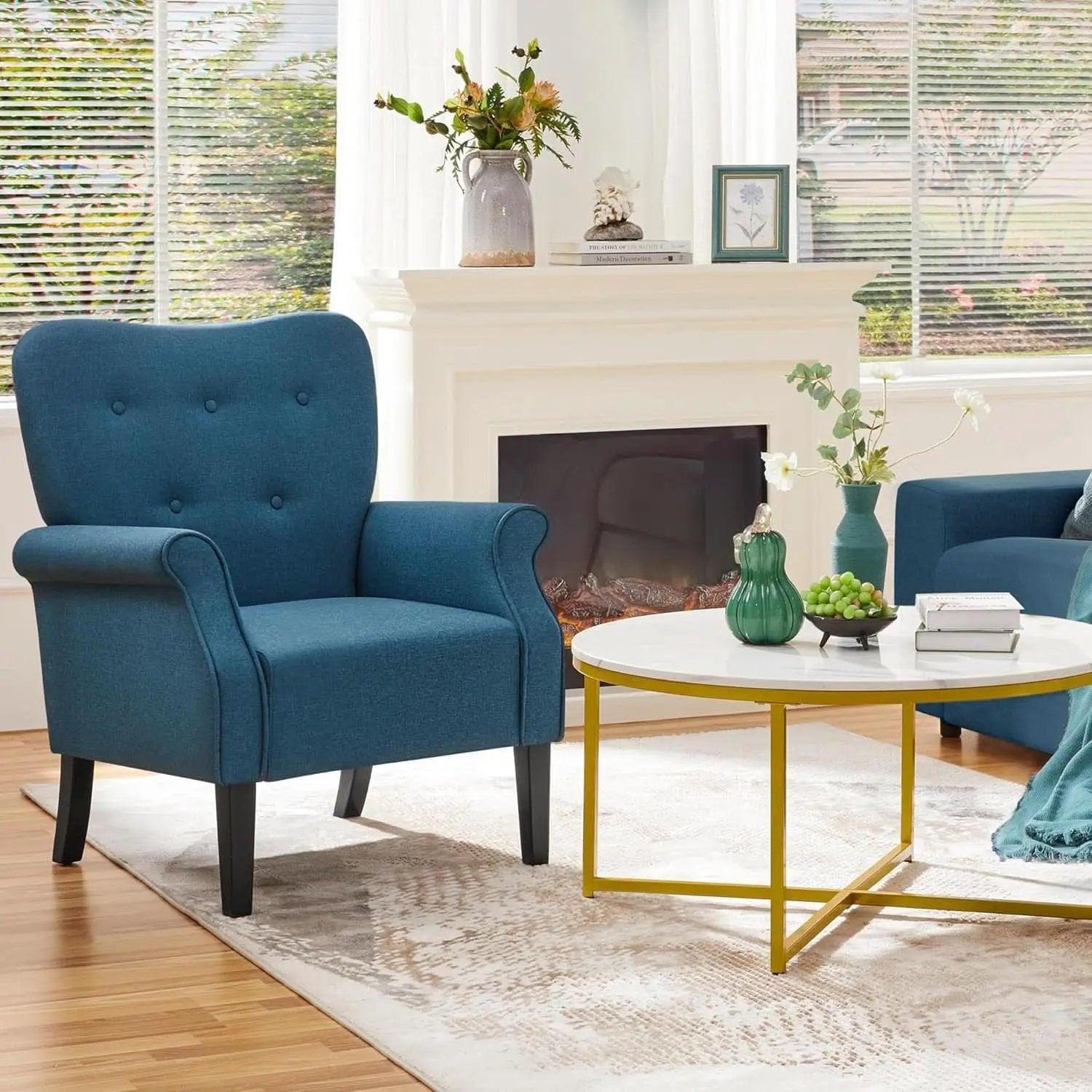 Navy Blue Compact Midcentury Armchair Tufted Backrest from PriceLows™